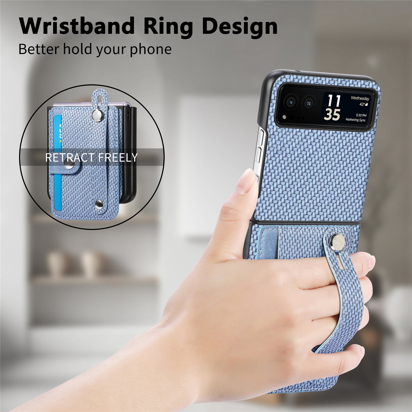 PU Leather+PC Phone Case for Motorola Razr 40 5G , Carbon Fiber Texture Wristband Kickstand Cover - Blue