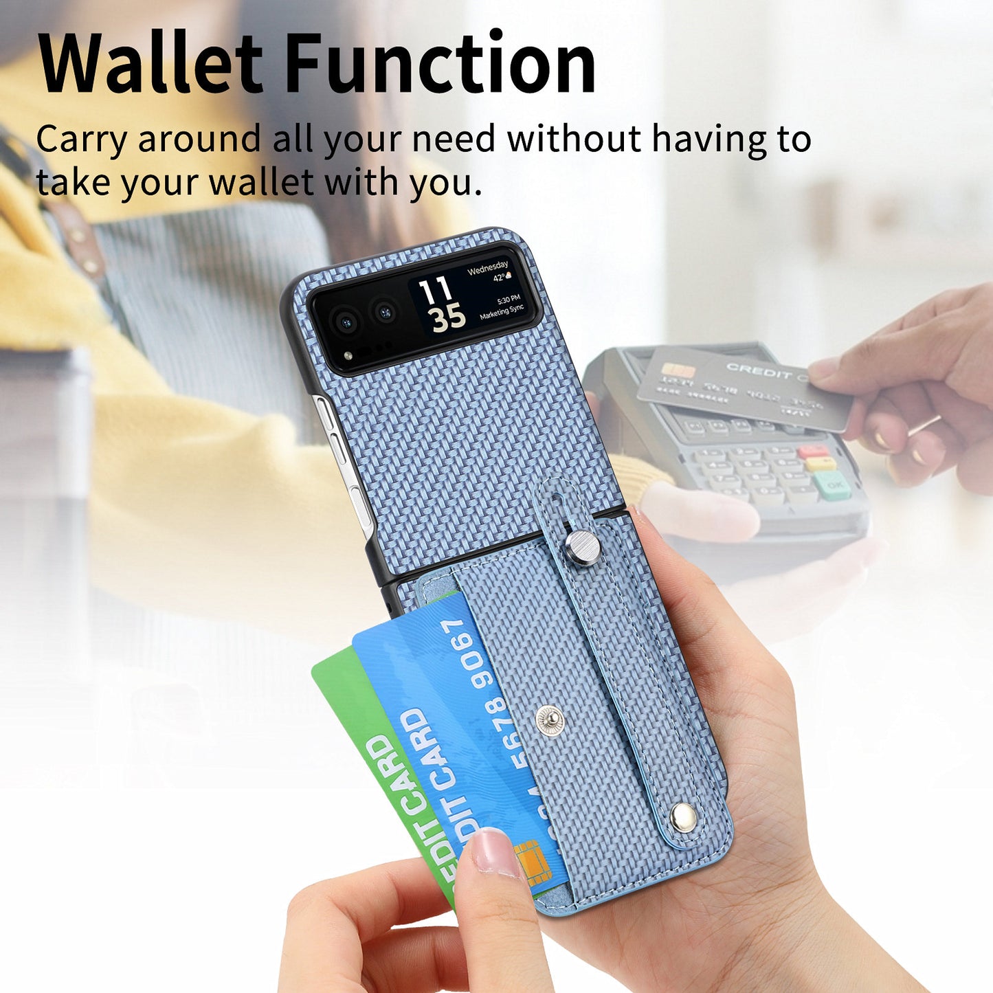 PU Leather+PC Phone Case for Motorola Razr 40 5G , Carbon Fiber Texture Wristband Kickstand Cover - Blue