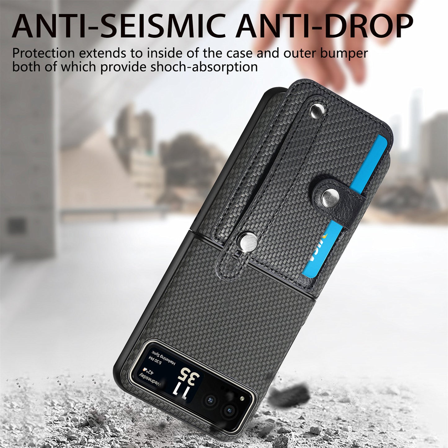 PU Leather+PC Phone Case for Motorola Razr 40 5G , Carbon Fiber Texture Wristband Kickstand Cover - Black