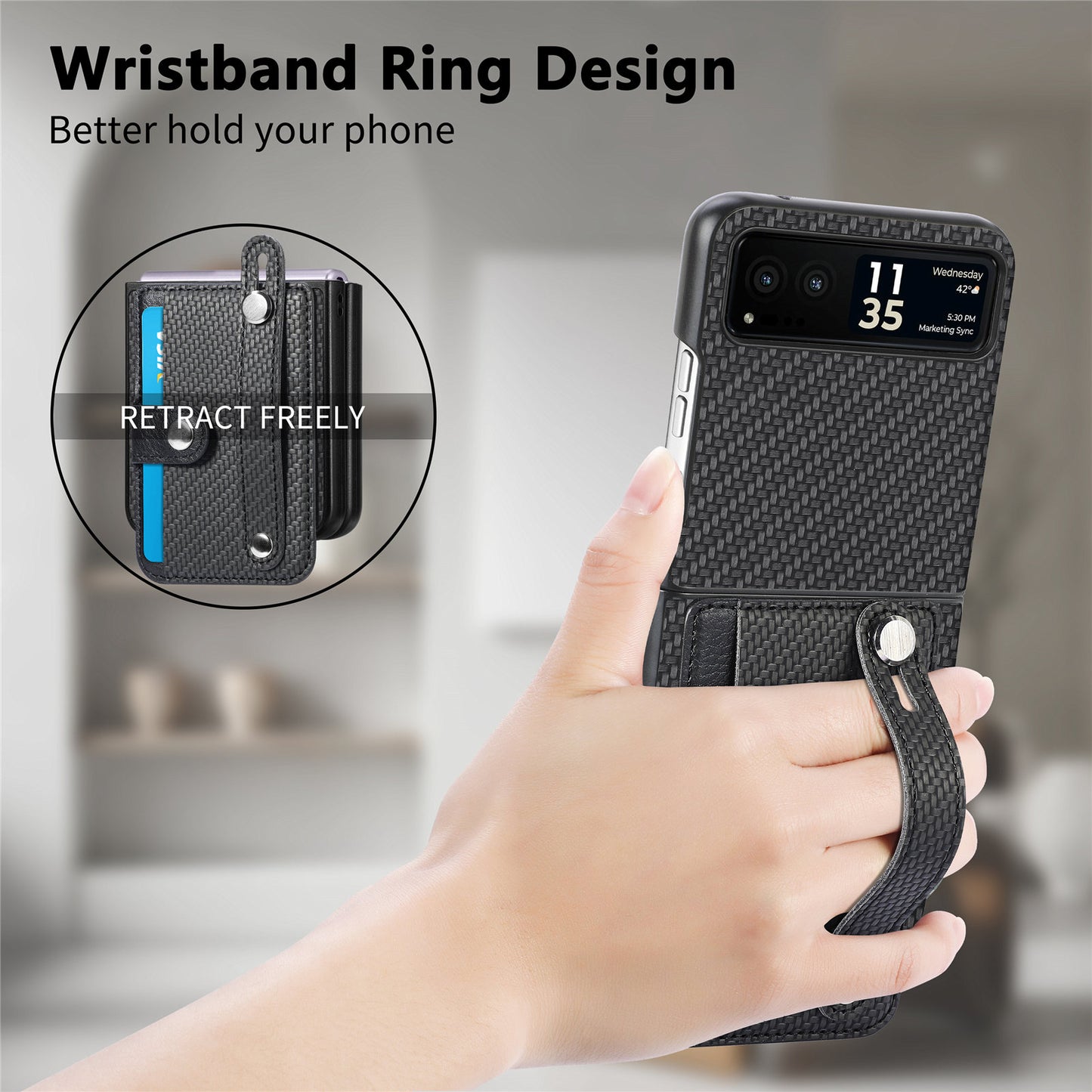 PU Leather+PC Phone Case for Motorola Razr 40 5G , Carbon Fiber Texture Wristband Kickstand Cover - Black