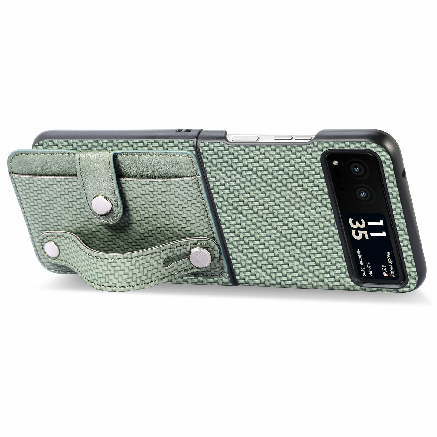 PU Leather+PC Phone Case for Motorola Razr 40 5G , Carbon Fiber Texture Wristband Kickstand Cover - Green