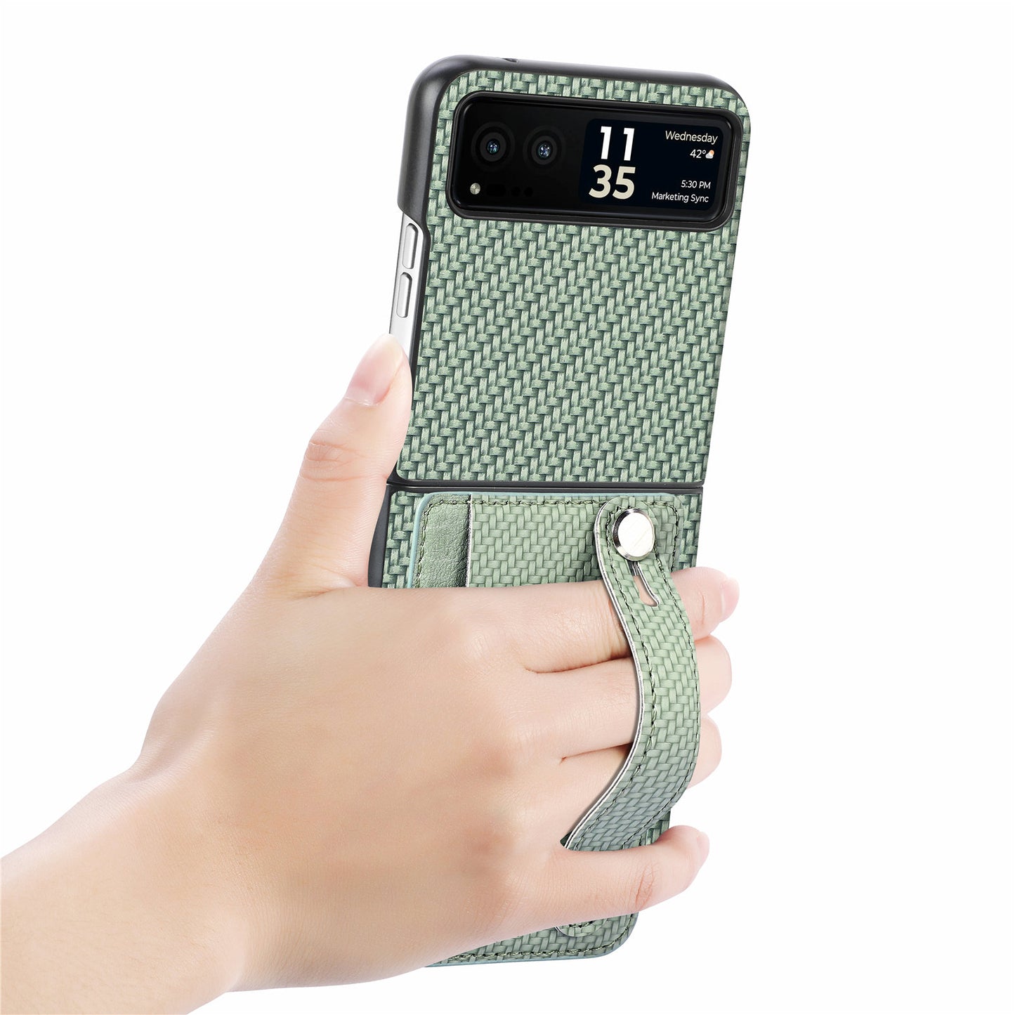 PU Leather+PC Phone Case for Motorola Razr 40 5G , Carbon Fiber Texture Wristband Kickstand Cover - Green
