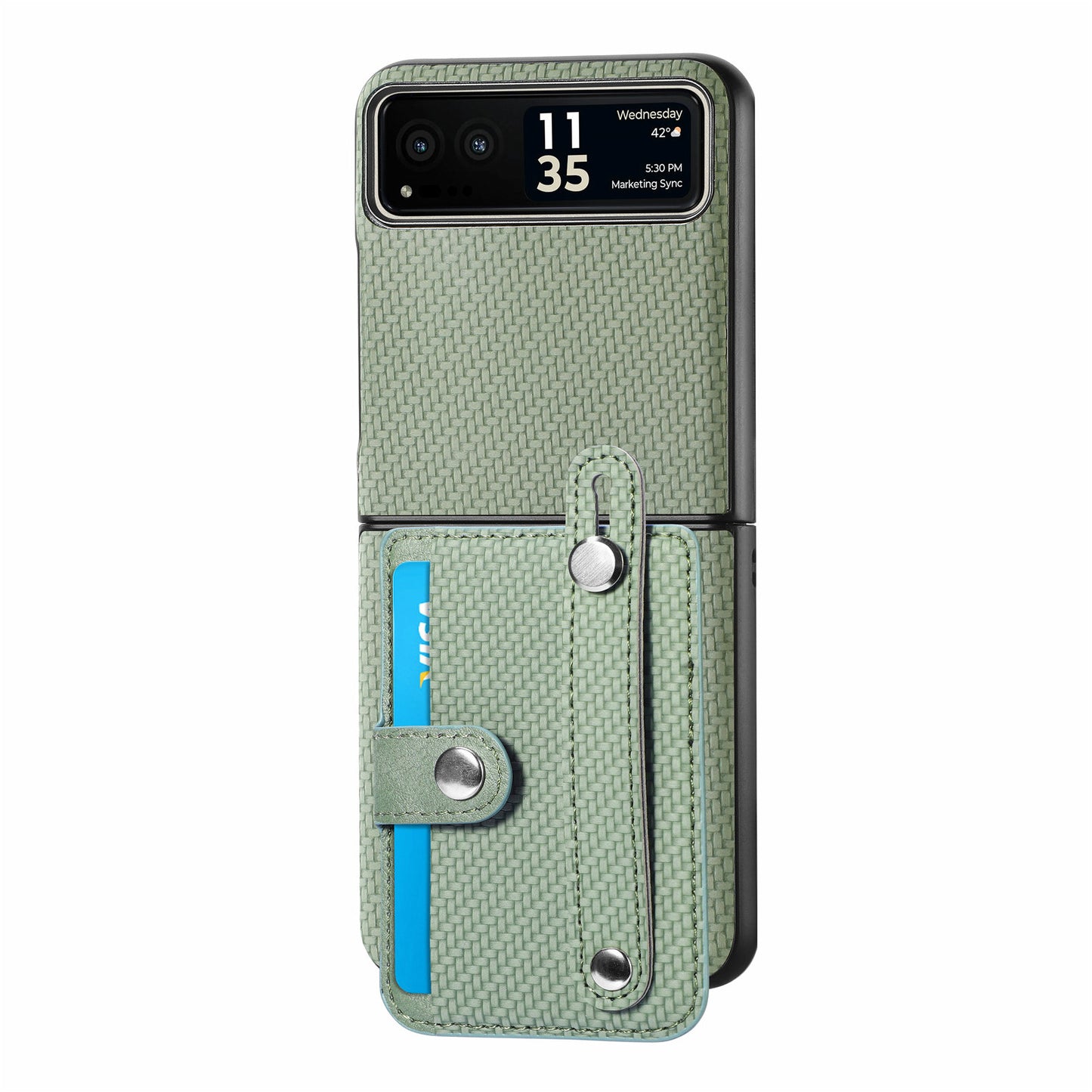 PU Leather+PC Phone Case for Motorola Razr 40 5G , Carbon Fiber Texture Wristband Kickstand Cover - Green