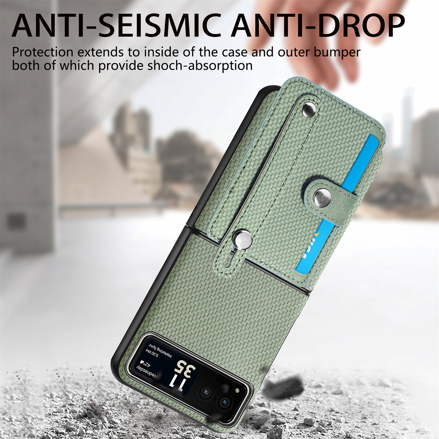 PU Leather+PC Phone Case for Motorola Razr 40 5G , Carbon Fiber Texture Wristband Kickstand Cover - Green