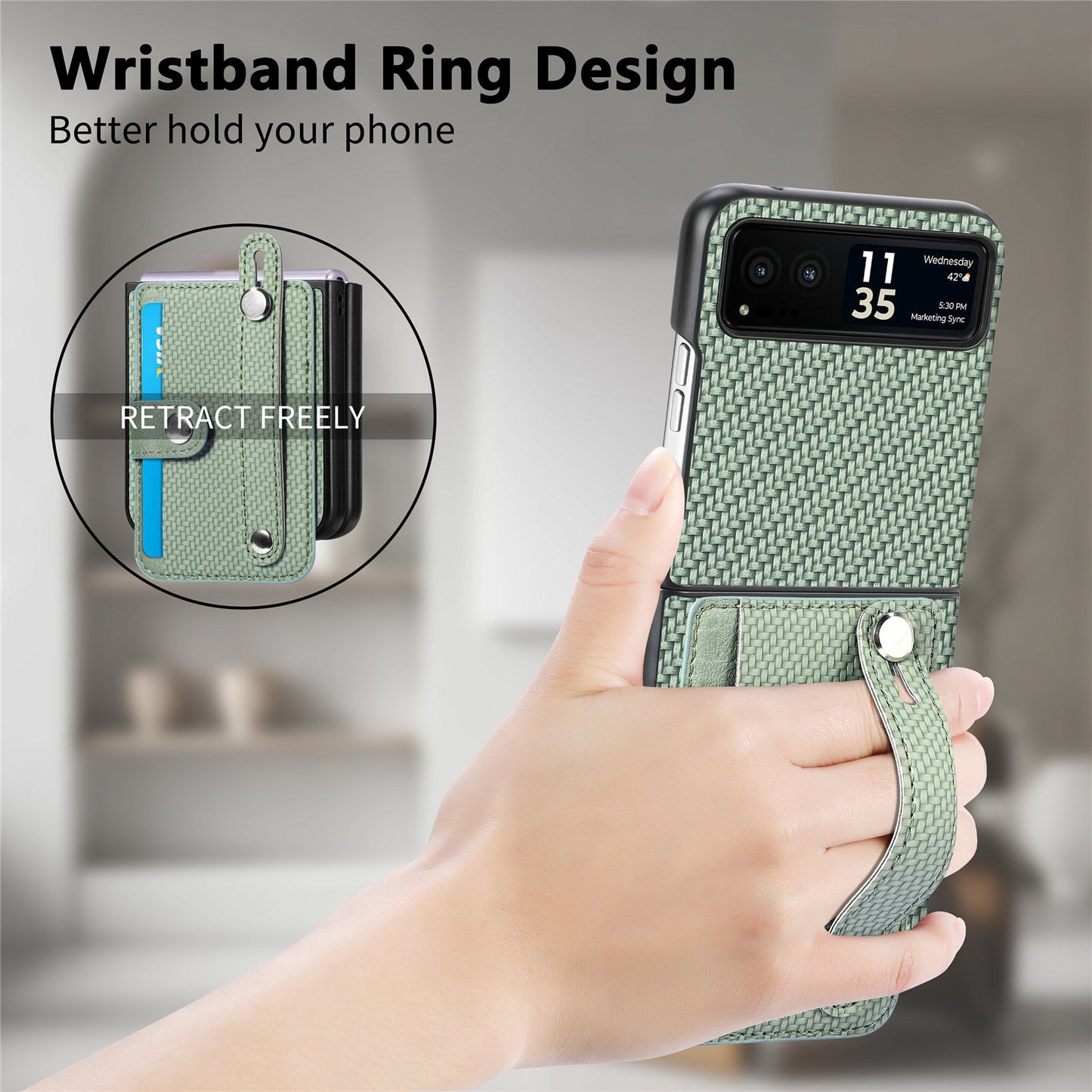 PU Leather+PC Phone Case for Motorola Razr 40 5G , Carbon Fiber Texture Wristband Kickstand Cover - Green