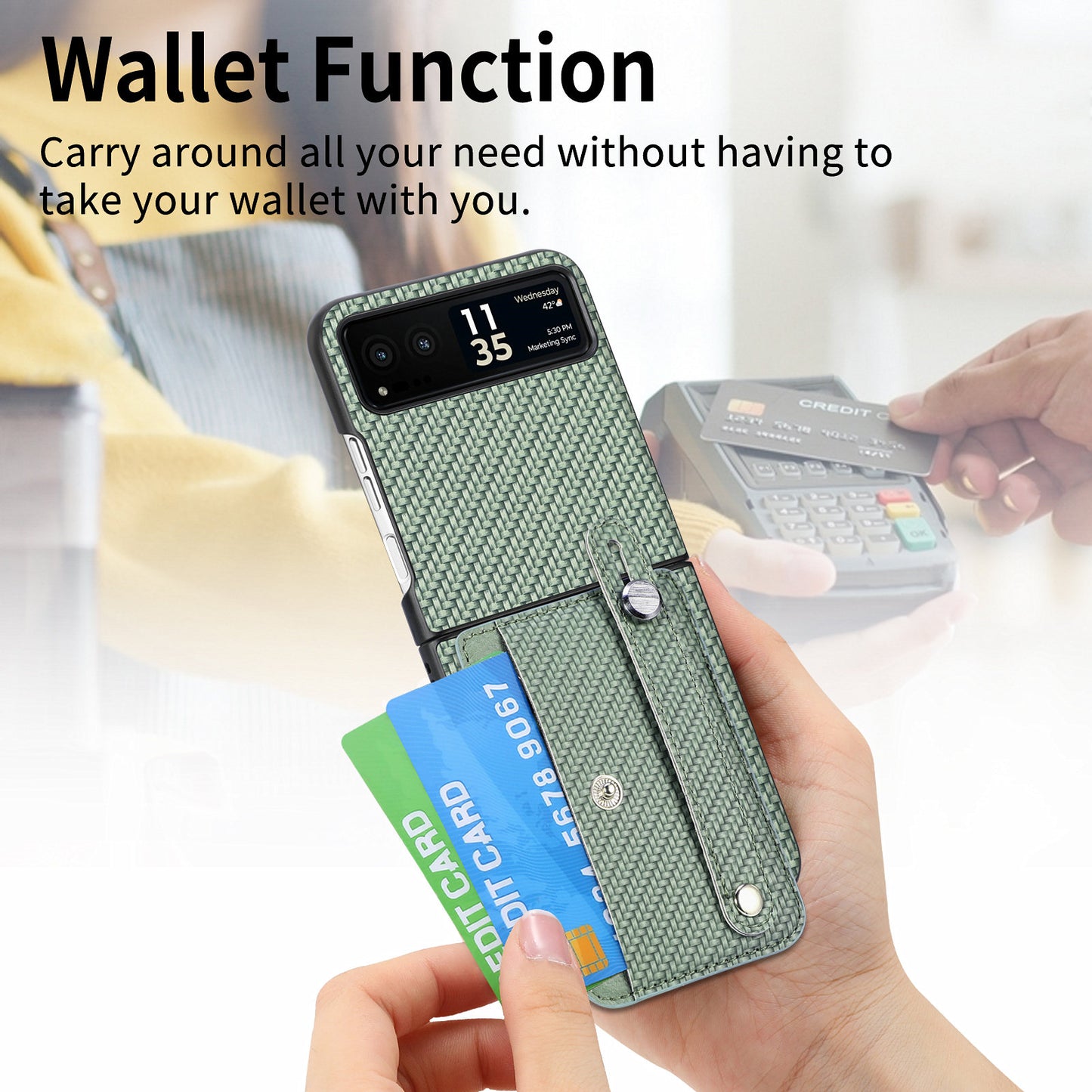 PU Leather+PC Phone Case for Motorola Razr 40 5G , Carbon Fiber Texture Wristband Kickstand Cover - Green