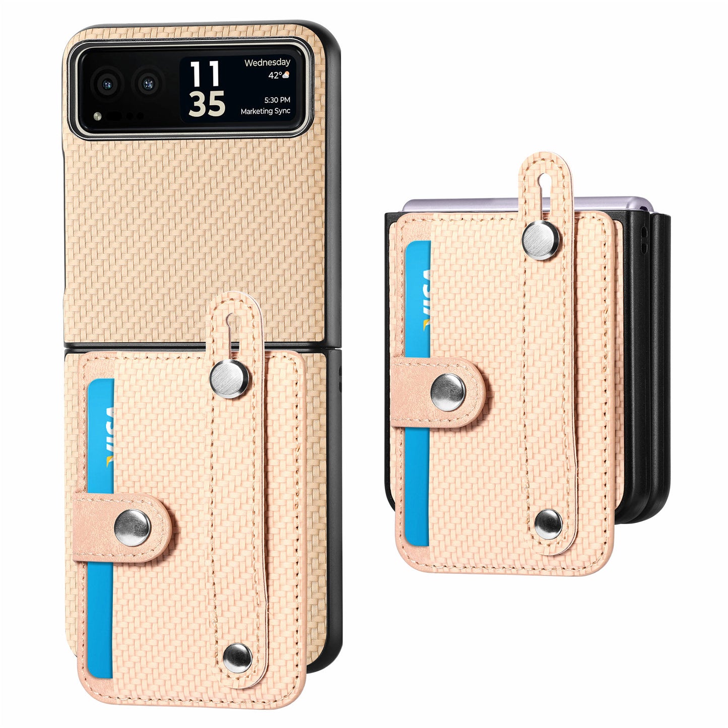 PU Leather+PC Phone Case for Motorola Razr 40 5G , Carbon Fiber Texture Wristband Kickstand Cover - Khaki