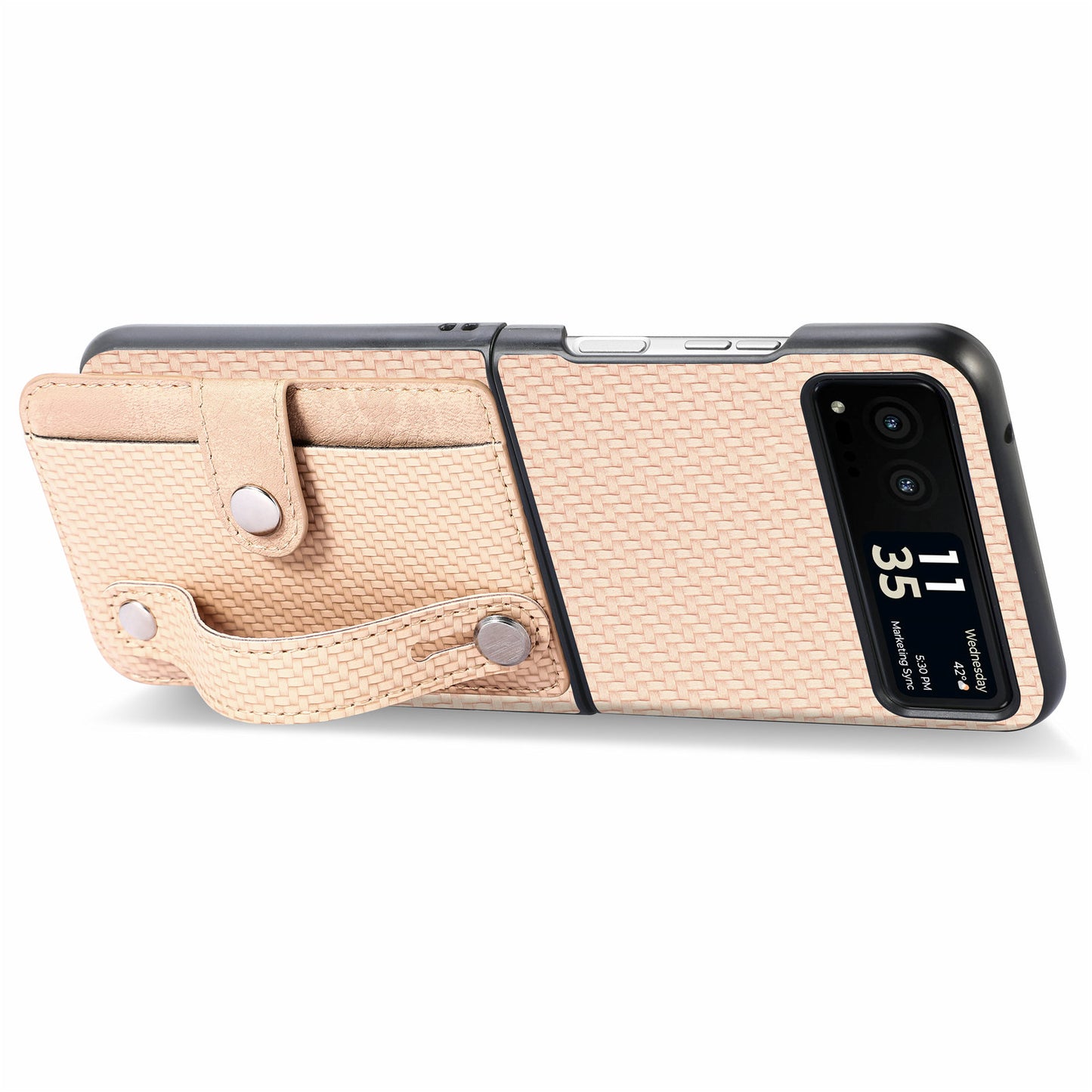 PU Leather+PC Phone Case for Motorola Razr 40 5G , Carbon Fiber Texture Wristband Kickstand Cover - Khaki