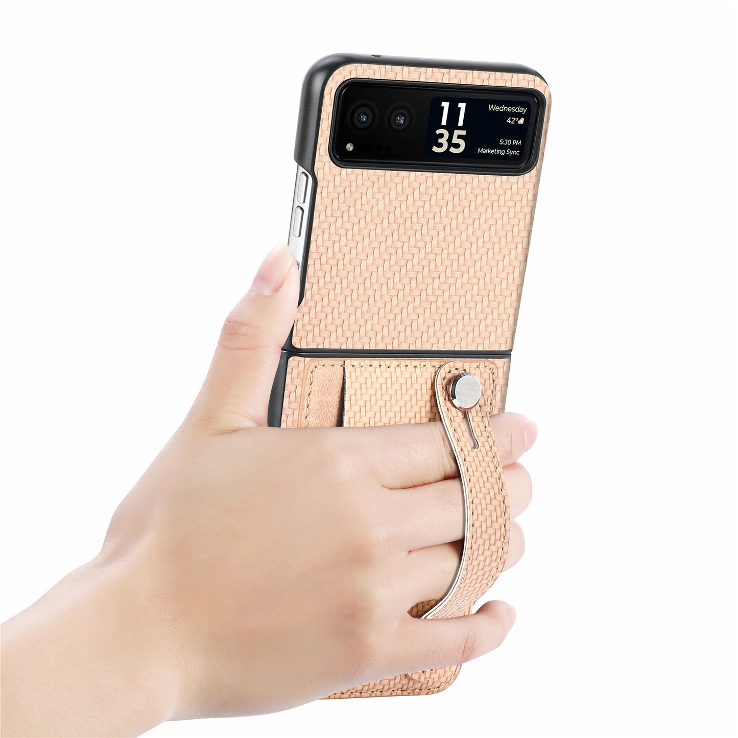 PU Leather+PC Phone Case for Motorola Razr 40 5G , Carbon Fiber Texture Wristband Kickstand Cover - Khaki