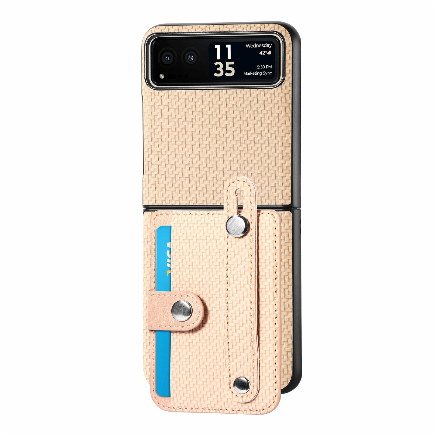 PU Leather+PC Phone Case for Motorola Razr 40 5G , Carbon Fiber Texture Wristband Kickstand Cover - Khaki