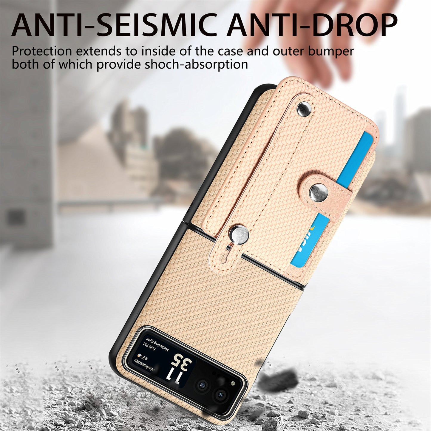 PU Leather+PC Phone Case for Motorola Razr 40 5G , Carbon Fiber Texture Wristband Kickstand Cover - Khaki