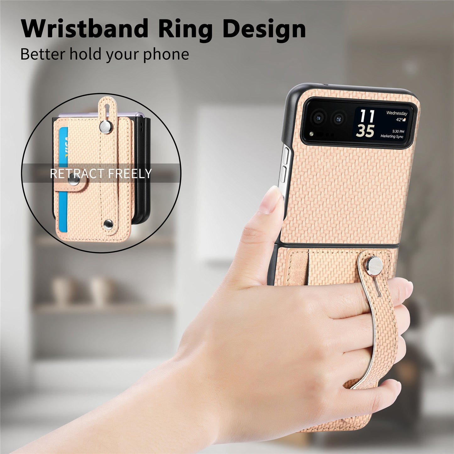 PU Leather+PC Phone Case for Motorola Razr 40 5G , Carbon Fiber Texture Wristband Kickstand Cover - Khaki