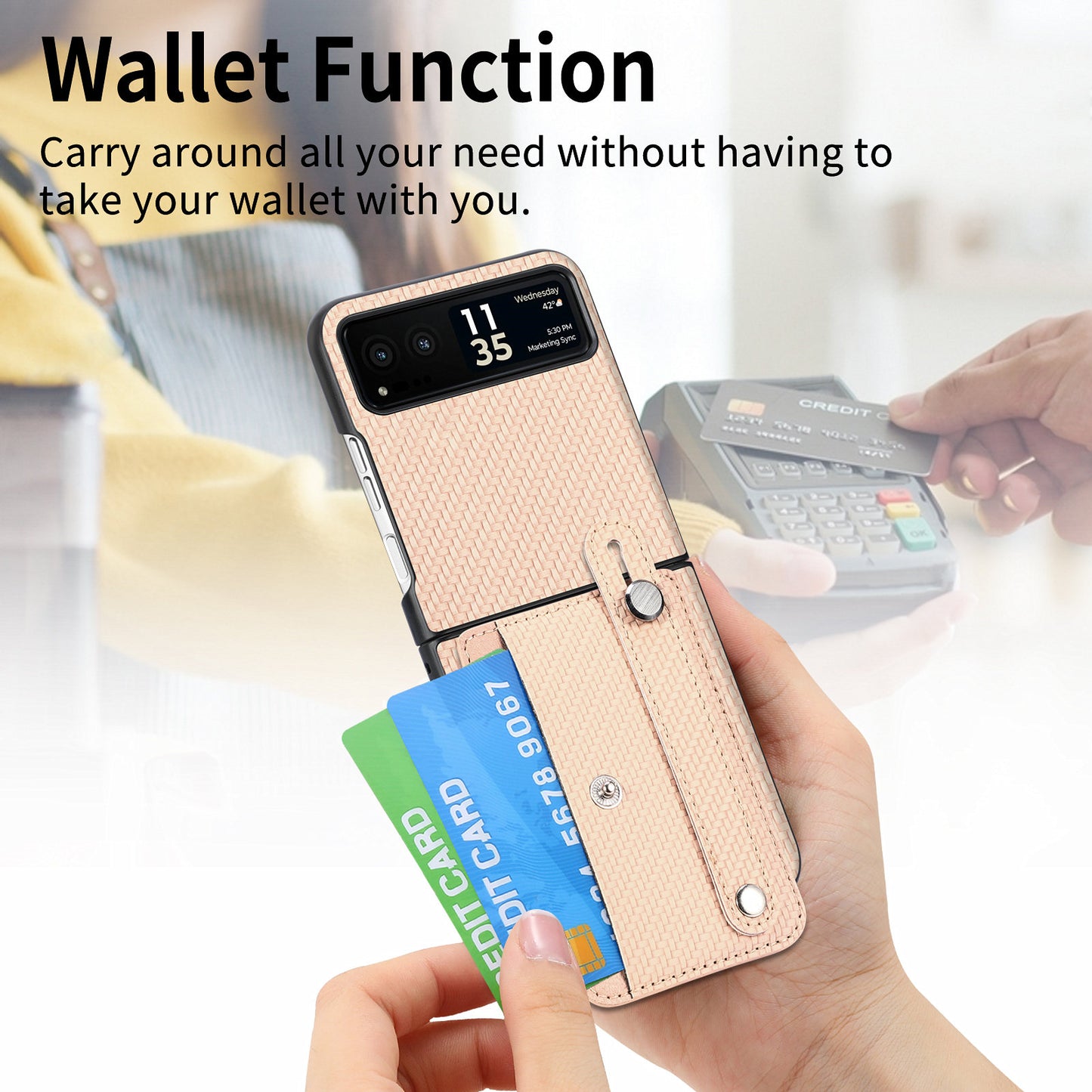 PU Leather+PC Phone Case for Motorola Razr 40 5G , Carbon Fiber Texture Wristband Kickstand Cover - Khaki