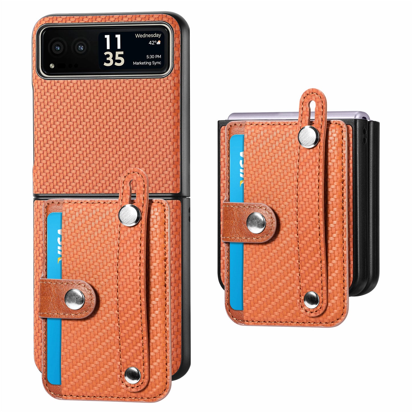 PU Leather+PC Phone Case for Motorola Razr 40 5G , Carbon Fiber Texture Wristband Kickstand Cover - Brown