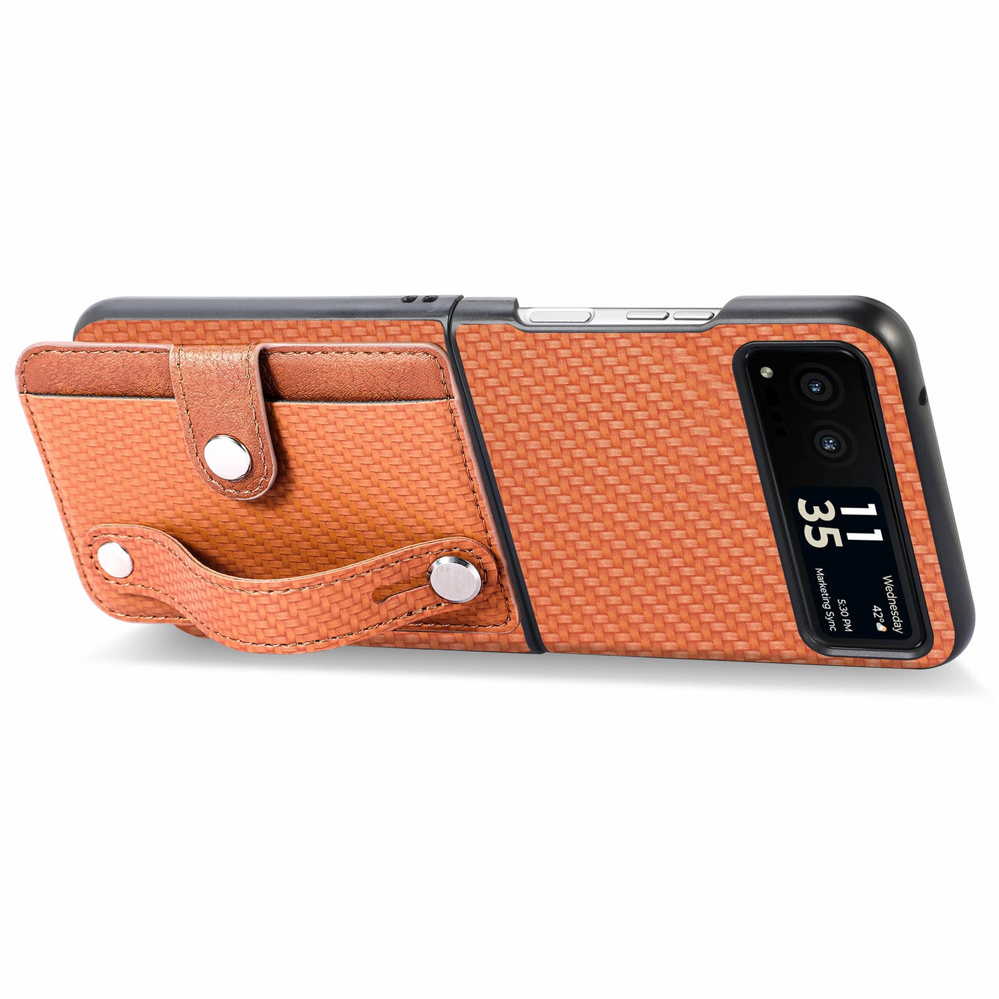 PU Leather+PC Phone Case for Motorola Razr 40 5G , Carbon Fiber Texture Wristband Kickstand Cover - Brown