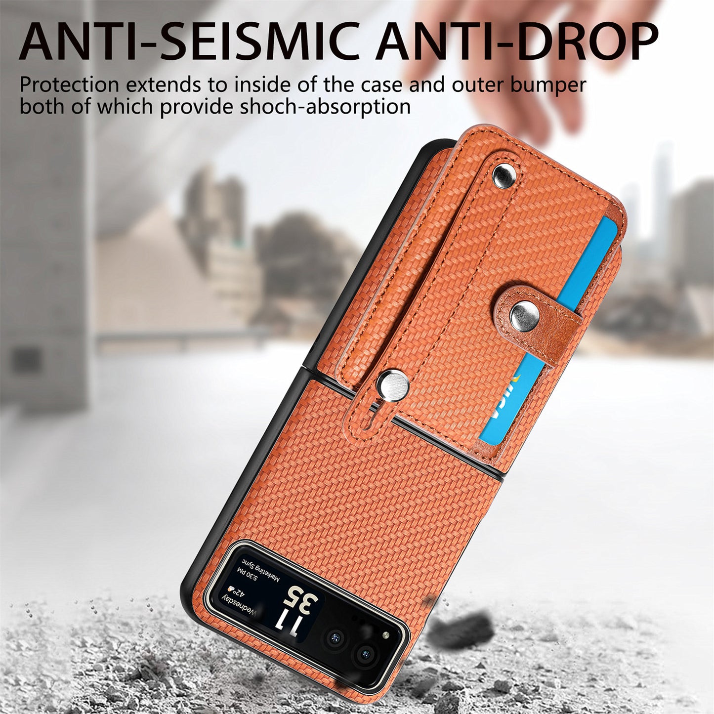 PU Leather+PC Phone Case for Motorola Razr 40 5G , Carbon Fiber Texture Wristband Kickstand Cover - Brown