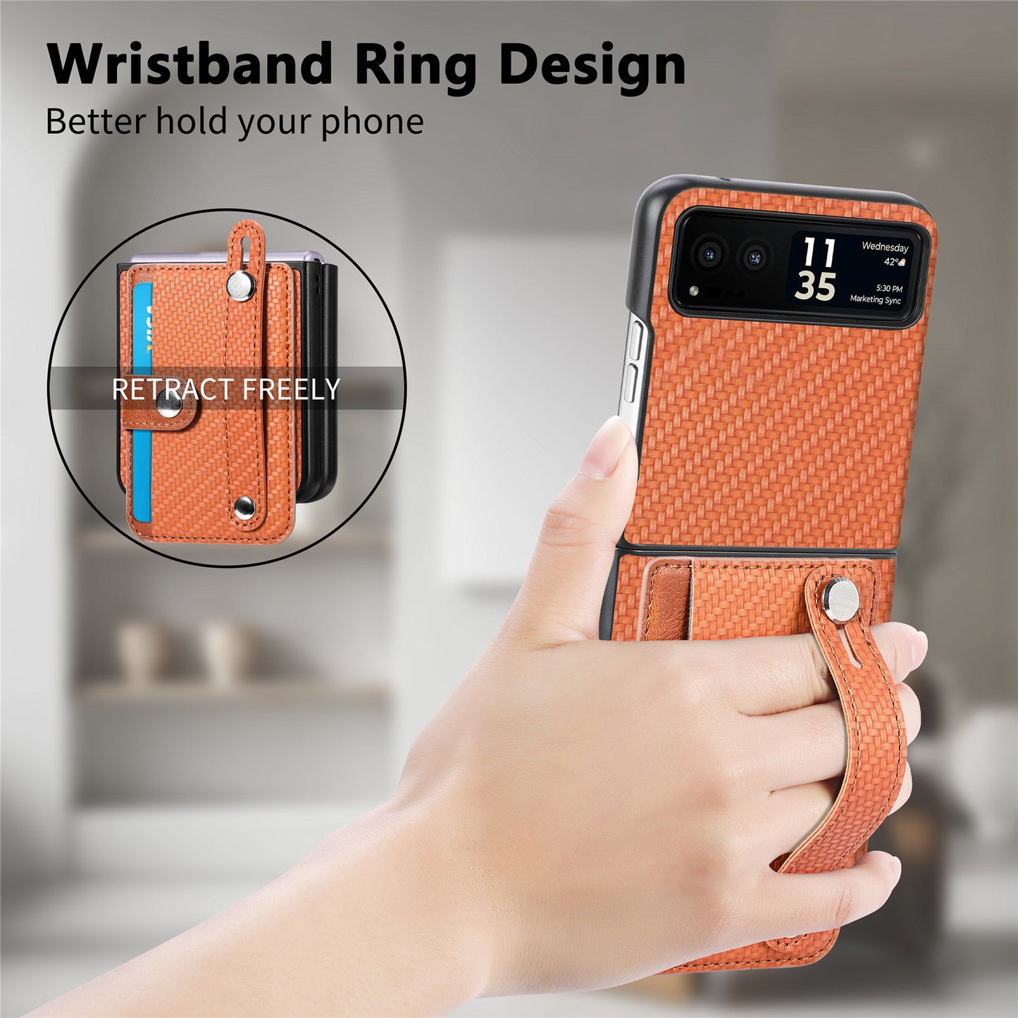 PU Leather+PC Phone Case for Motorola Razr 40 5G , Carbon Fiber Texture Wristband Kickstand Cover - Brown