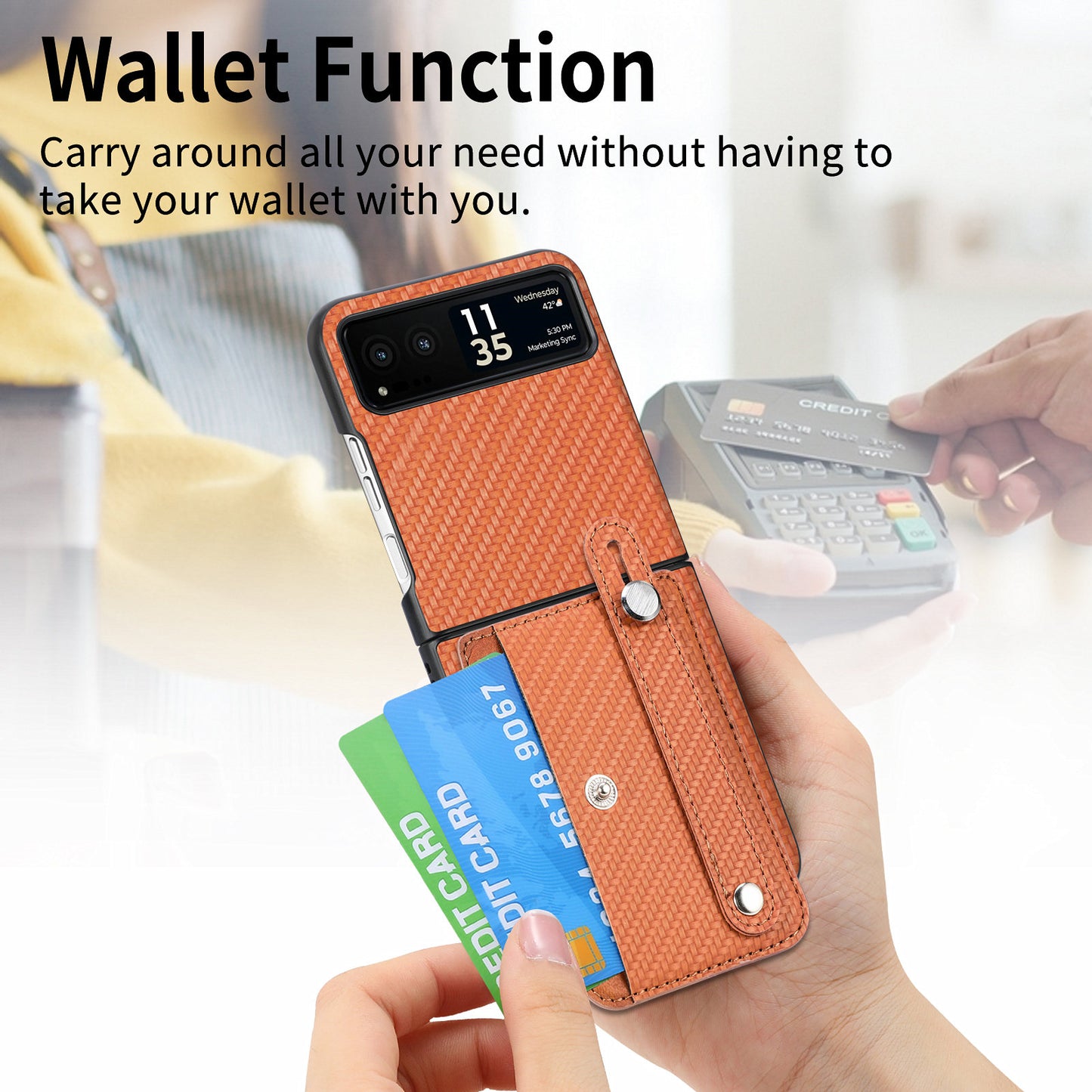 PU Leather+PC Phone Case for Motorola Razr 40 5G , Carbon Fiber Texture Wristband Kickstand Cover - Brown