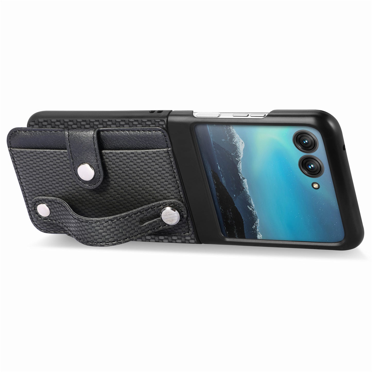 PU Leather+PC Phone Case for Motorola Razr 40 Ultra 5G , Carbon Fiber Texture Wristband Kickstand Anti-drop Cover - Black