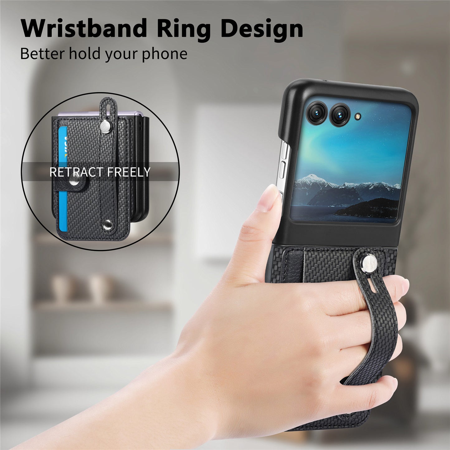 PU Leather+PC Phone Case for Motorola Razr 40 Ultra 5G , Carbon Fiber Texture Wristband Kickstand Anti-drop Cover - Black