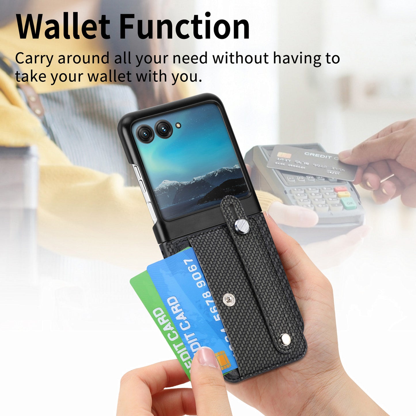 PU Leather+PC Phone Case for Motorola Razr 40 Ultra 5G , Carbon Fiber Texture Wristband Kickstand Anti-drop Cover - Black