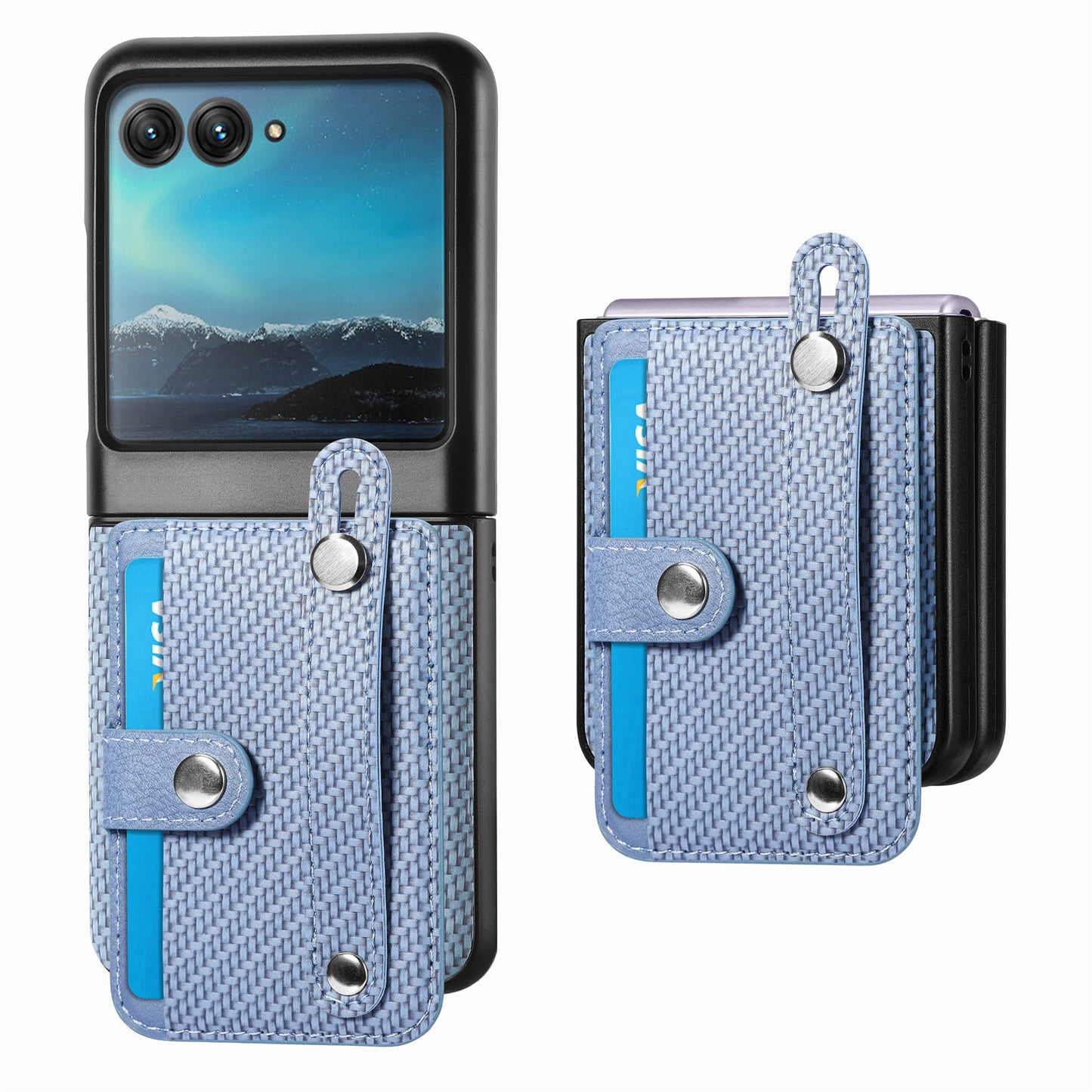PU Leather+PC Phone Case for Motorola Razr 40 Ultra 5G , Carbon Fiber Texture Wristband Kickstand Anti-drop Cover - Blue
