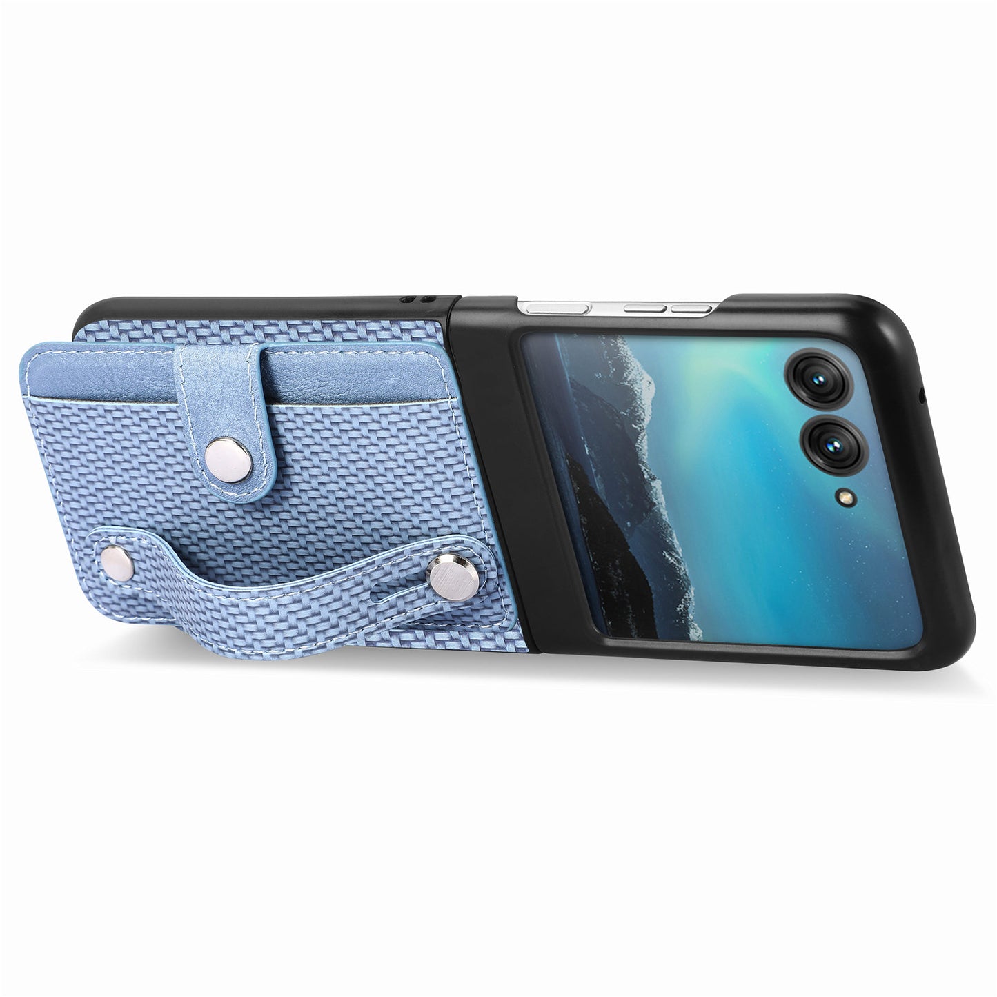PU Leather+PC Phone Case for Motorola Razr 40 Ultra 5G , Carbon Fiber Texture Wristband Kickstand Anti-drop Cover - Blue