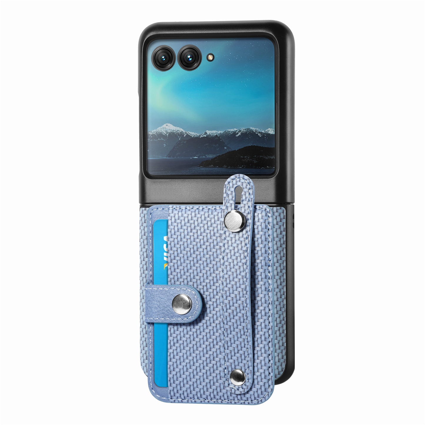 PU Leather+PC Phone Case for Motorola Razr 40 Ultra 5G , Carbon Fiber Texture Wristband Kickstand Anti-drop Cover - Blue