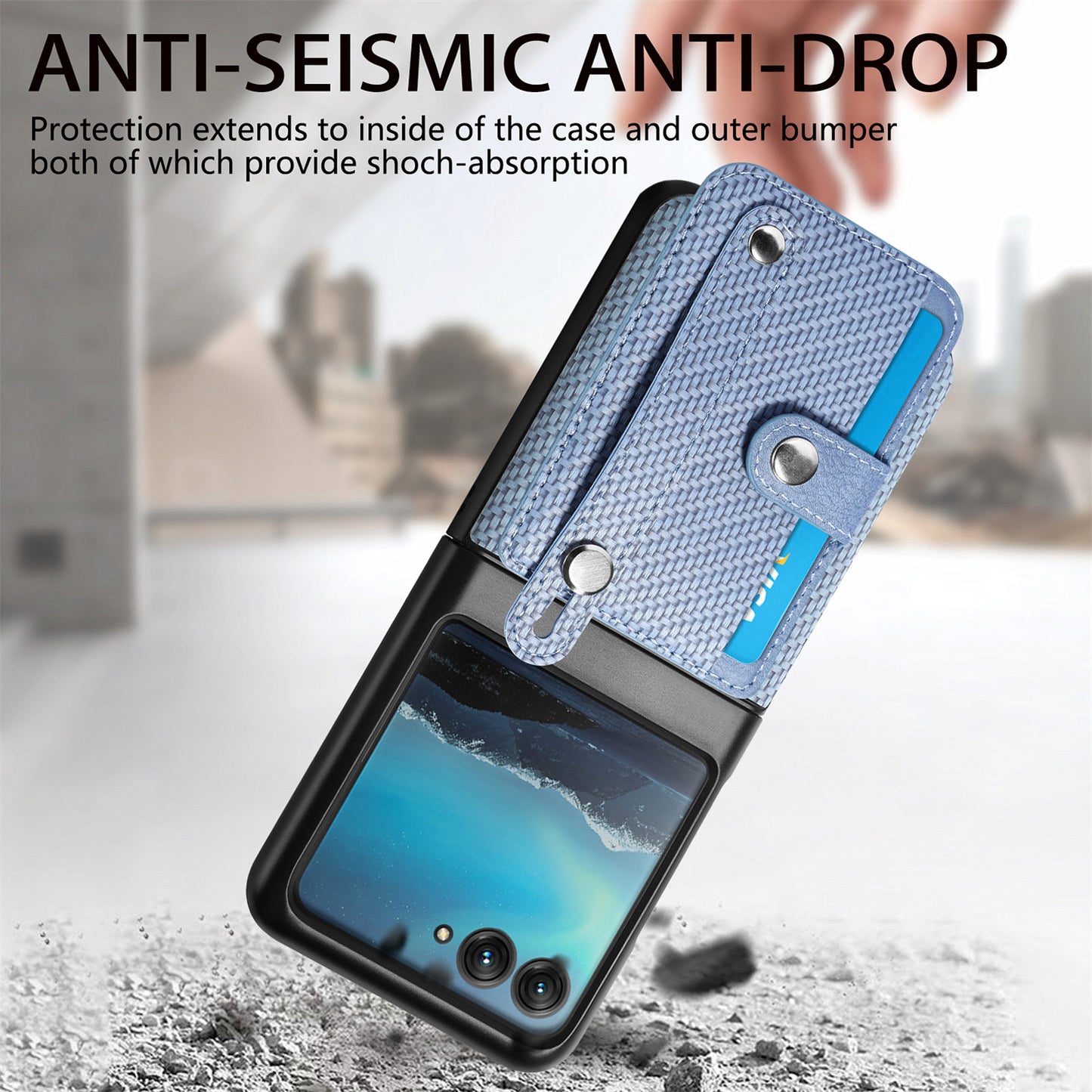 PU Leather+PC Phone Case for Motorola Razr 40 Ultra 5G , Carbon Fiber Texture Wristband Kickstand Anti-drop Cover - Blue