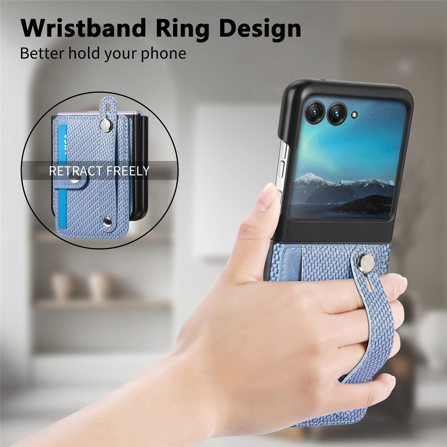 PU Leather+PC Phone Case for Motorola Razr 40 Ultra 5G , Carbon Fiber Texture Wristband Kickstand Anti-drop Cover - Blue