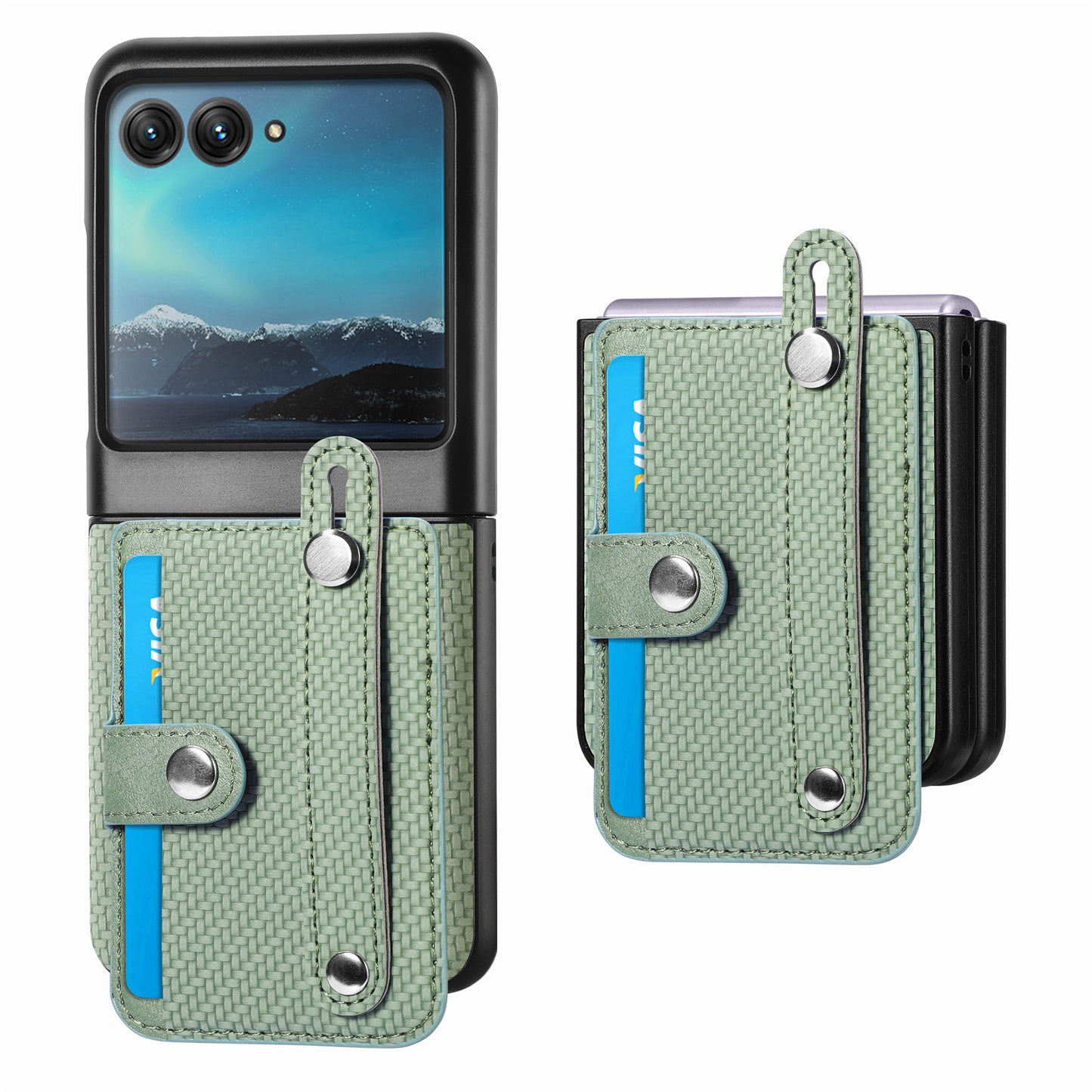 PU Leather+PC Phone Case for Motorola Razr 40 Ultra 5G , Carbon Fiber Texture Wristband Kickstand Anti-drop Cover - Green