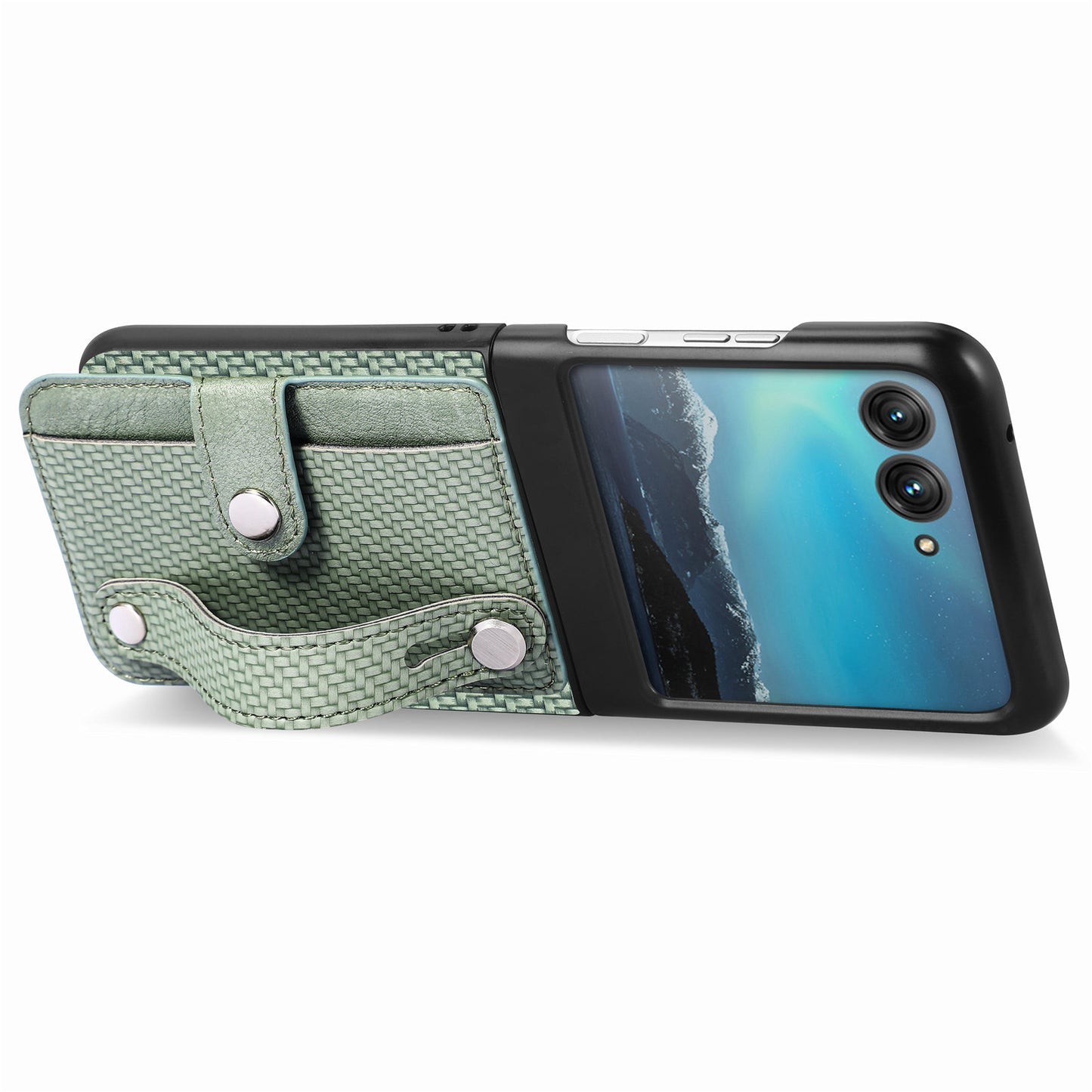 PU Leather+PC Phone Case for Motorola Razr 40 Ultra 5G , Carbon Fiber Texture Wristband Kickstand Anti-drop Cover - Green