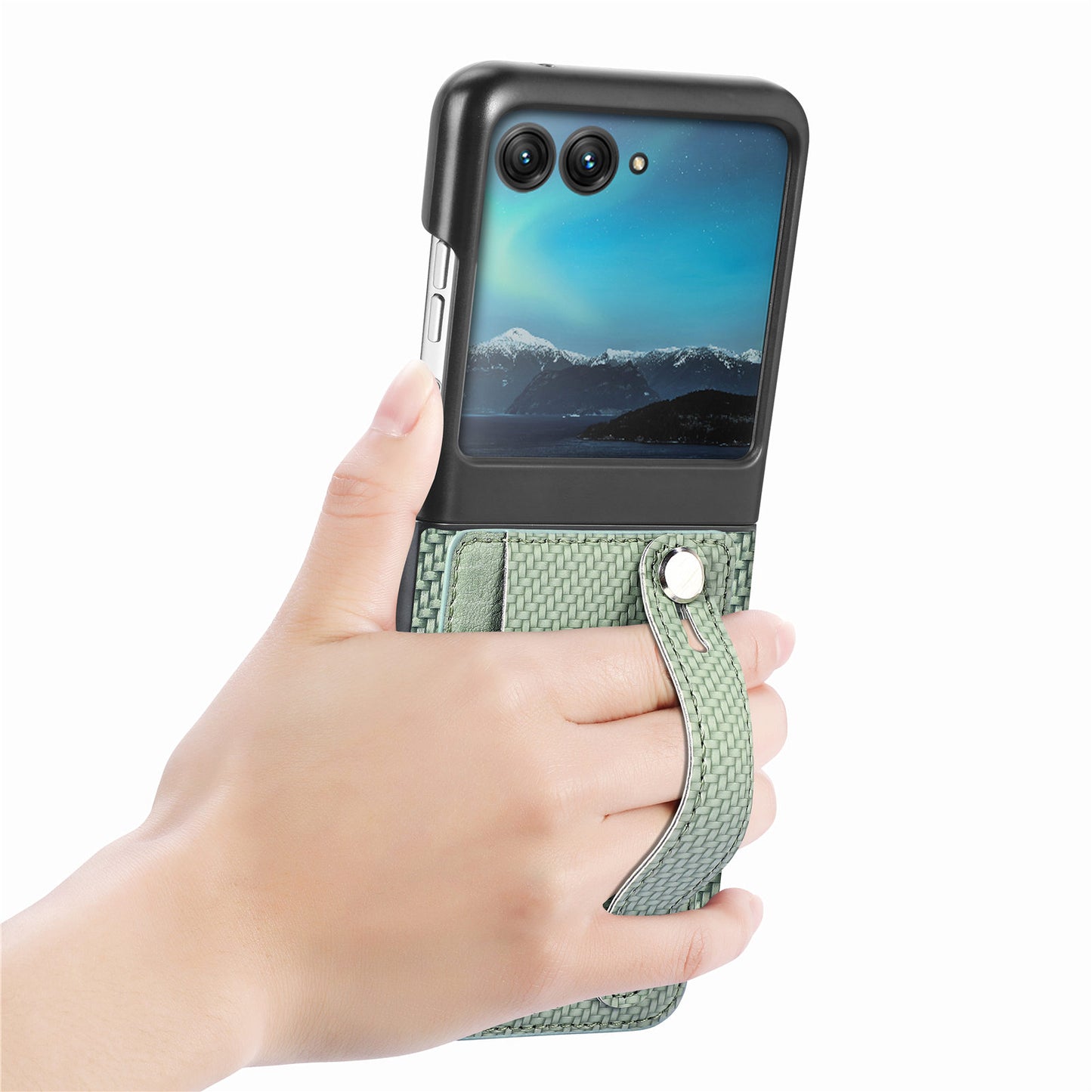 PU Leather+PC Phone Case for Motorola Razr 40 Ultra 5G , Carbon Fiber Texture Wristband Kickstand Anti-drop Cover - Green