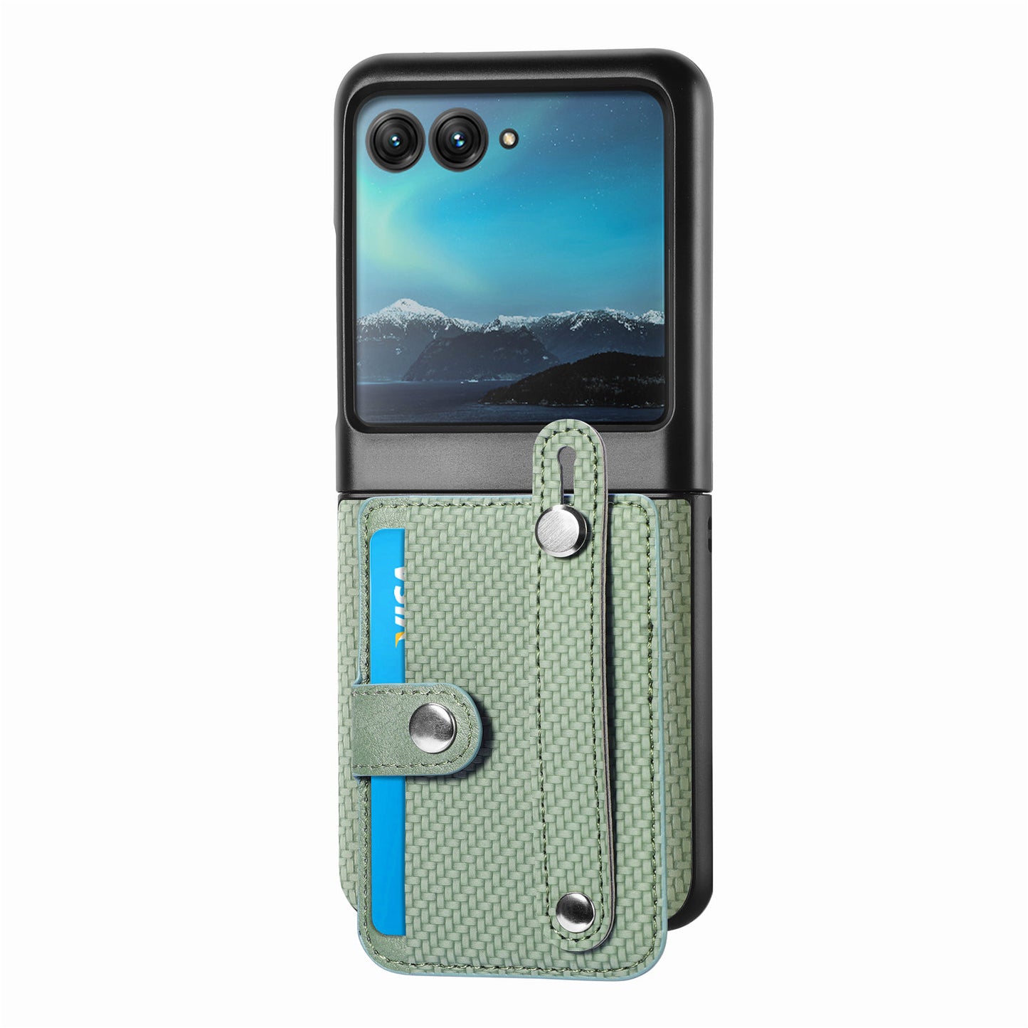 PU Leather+PC Phone Case for Motorola Razr 40 Ultra 5G , Carbon Fiber Texture Wristband Kickstand Anti-drop Cover - Green