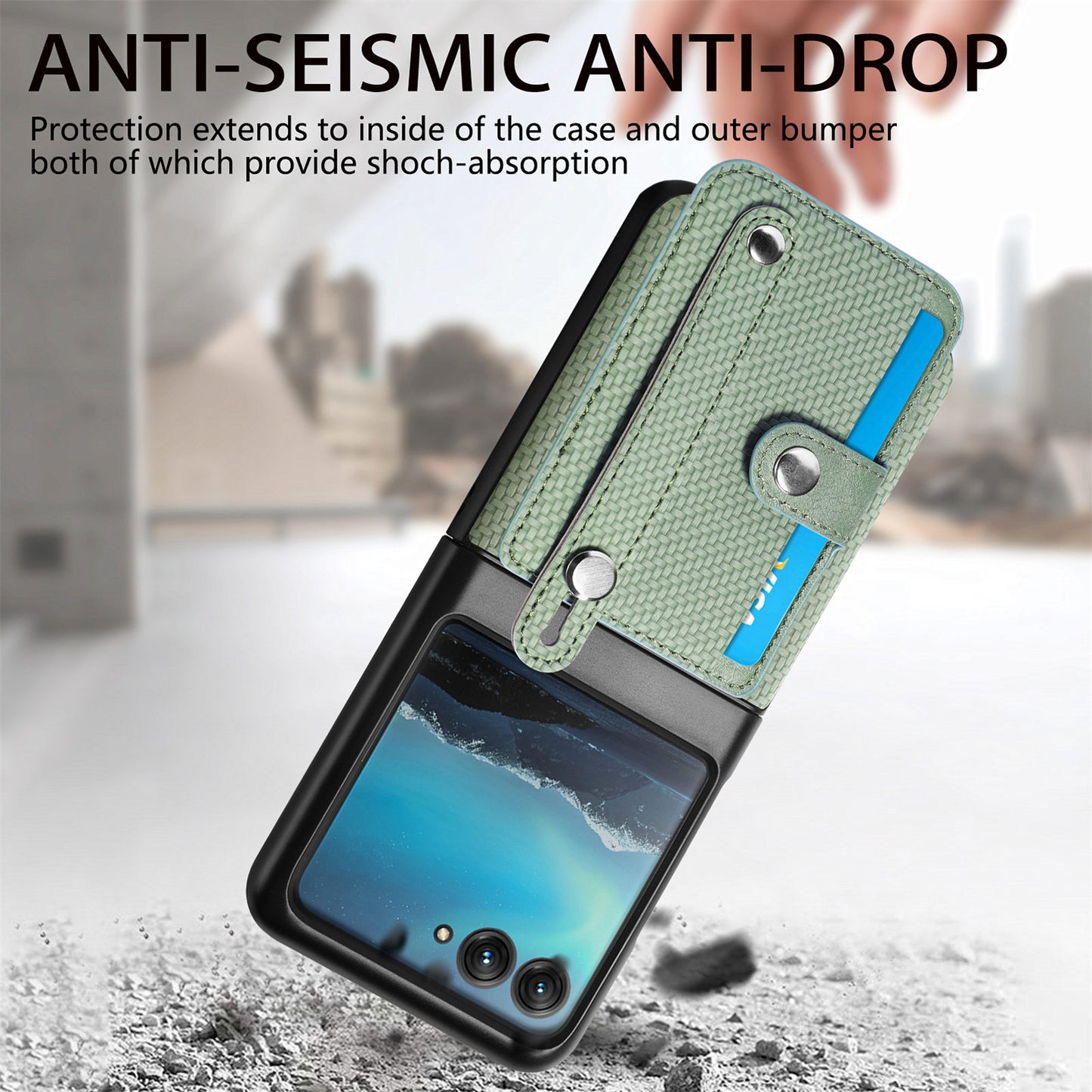 PU Leather+PC Phone Case for Motorola Razr 40 Ultra 5G , Carbon Fiber Texture Wristband Kickstand Anti-drop Cover - Green