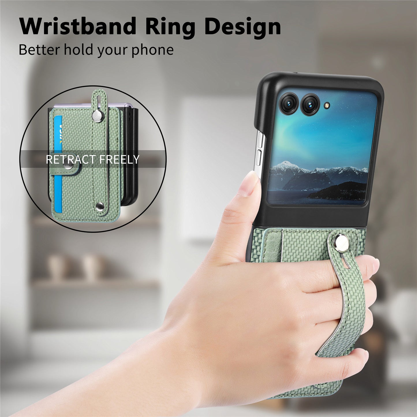 PU Leather+PC Phone Case for Motorola Razr 40 Ultra 5G , Carbon Fiber Texture Wristband Kickstand Anti-drop Cover - Green