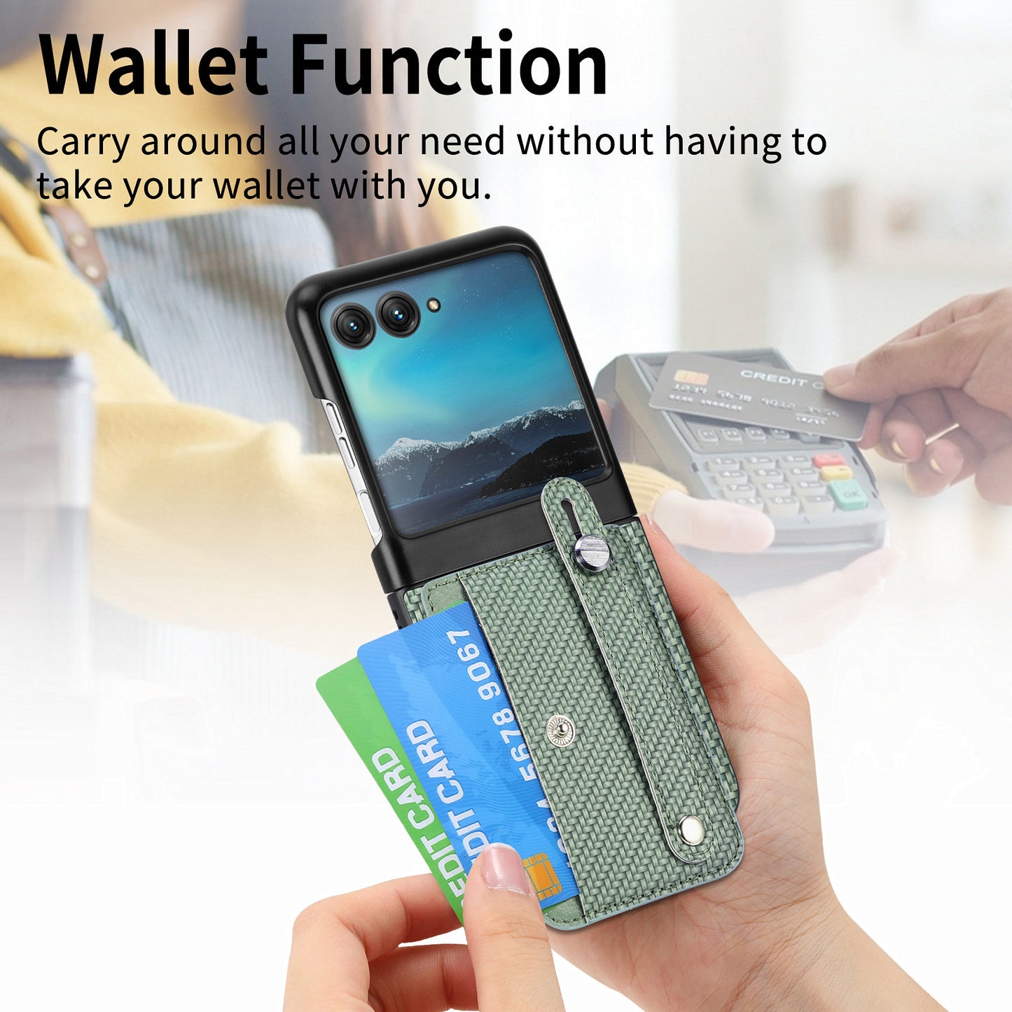 PU Leather+PC Phone Case for Motorola Razr 40 Ultra 5G , Carbon Fiber Texture Wristband Kickstand Anti-drop Cover - Green