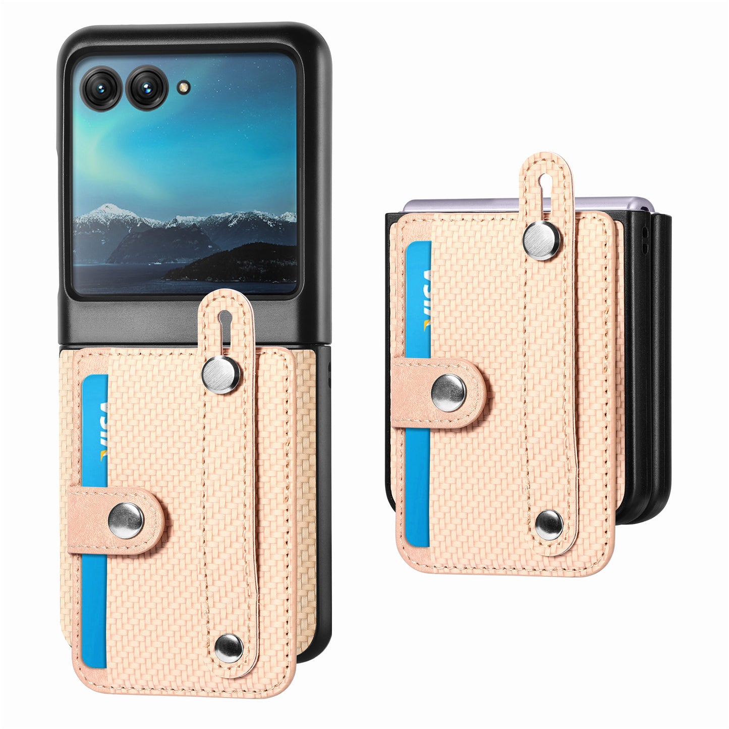 PU Leather+PC Phone Case for Motorola Razr 40 Ultra 5G , Carbon Fiber Texture Wristband Kickstand Anti-drop Cover - Khaki