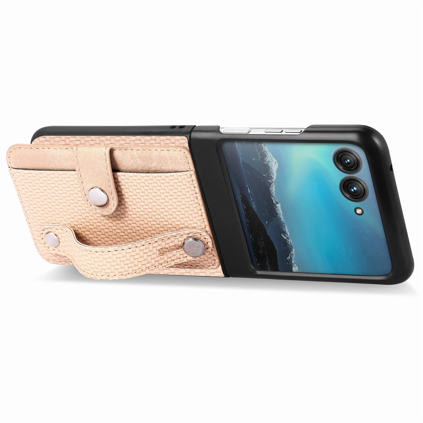 PU Leather+PC Phone Case for Motorola Razr 40 Ultra 5G , Carbon Fiber Texture Wristband Kickstand Anti-drop Cover - Khaki