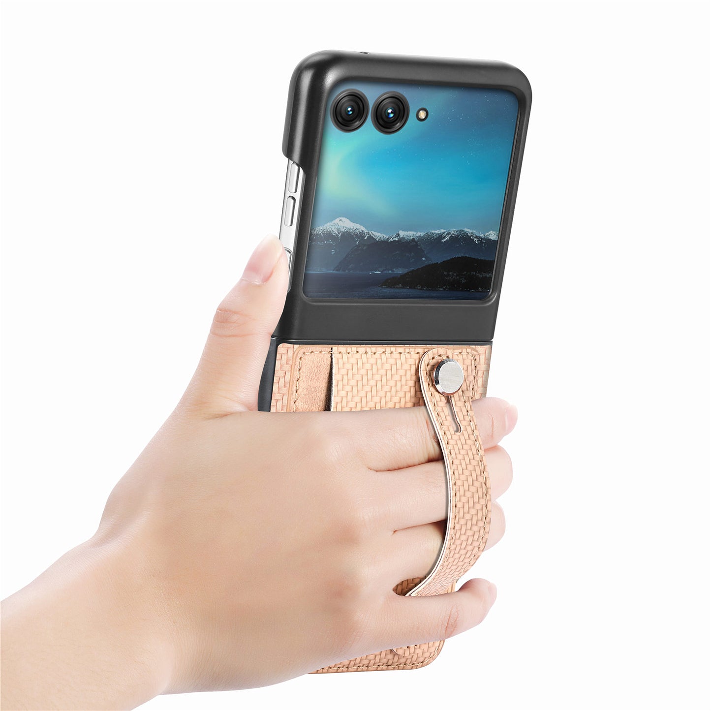 PU Leather+PC Phone Case for Motorola Razr 40 Ultra 5G , Carbon Fiber Texture Wristband Kickstand Anti-drop Cover - Khaki