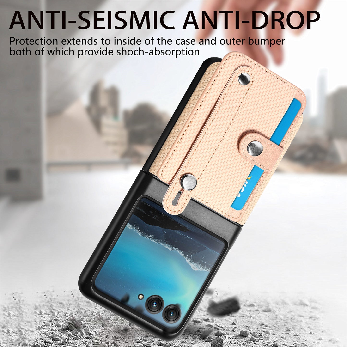 PU Leather+PC Phone Case for Motorola Razr 40 Ultra 5G , Carbon Fiber Texture Wristband Kickstand Anti-drop Cover - Khaki