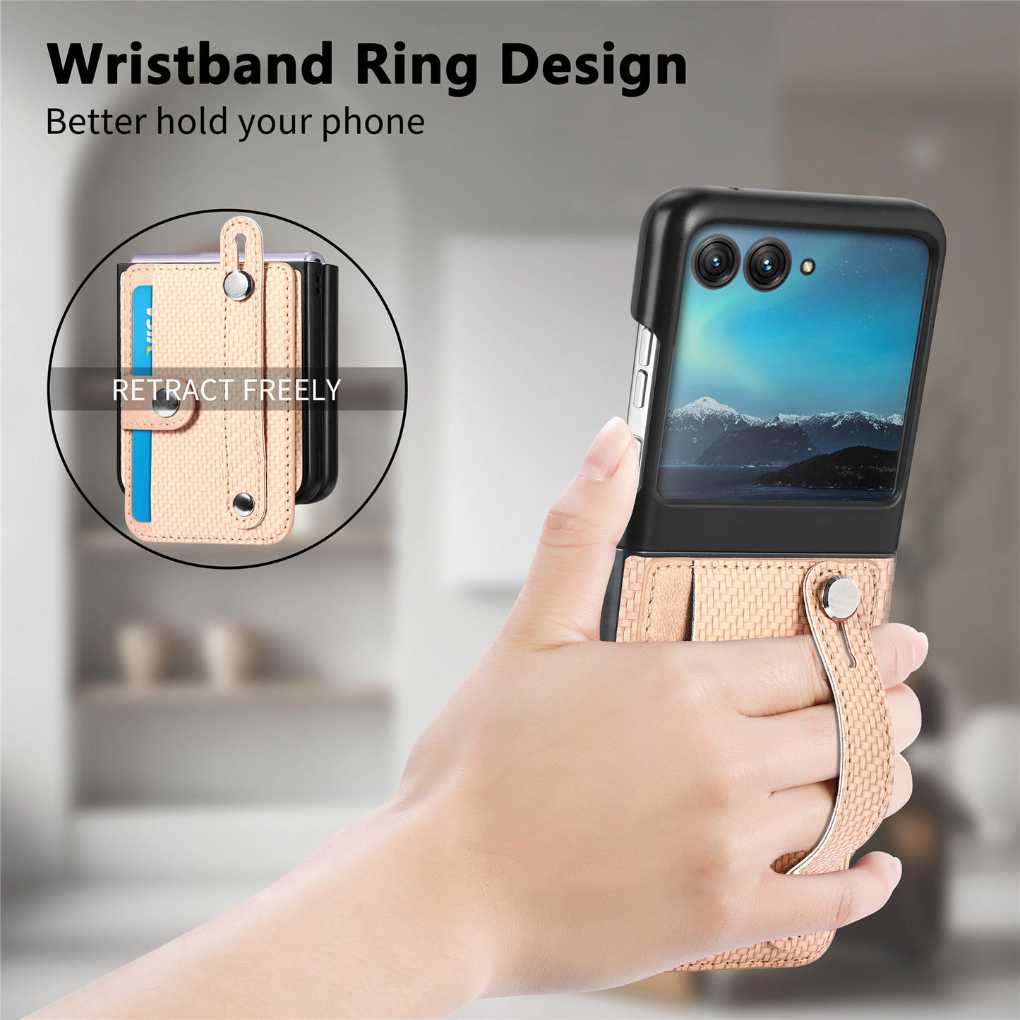 PU Leather+PC Phone Case for Motorola Razr 40 Ultra 5G , Carbon Fiber Texture Wristband Kickstand Anti-drop Cover - Khaki