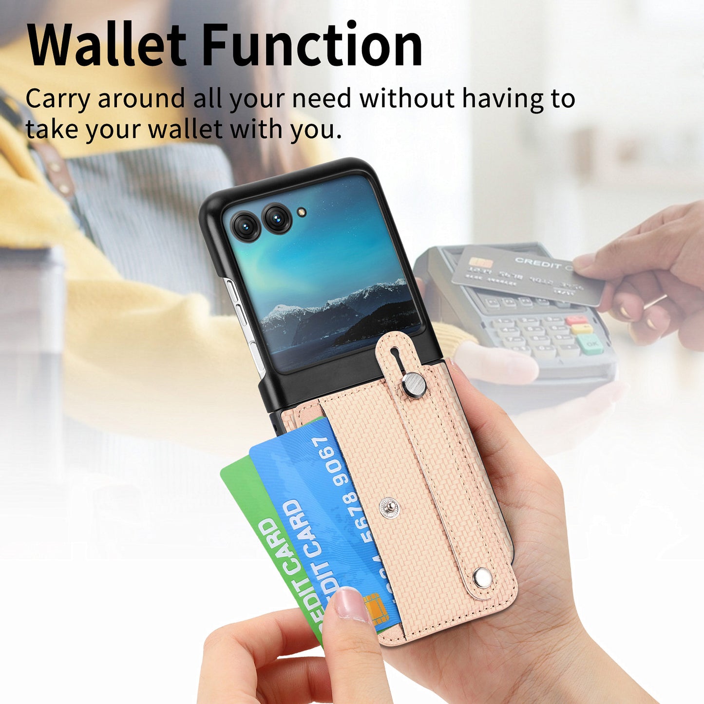 PU Leather+PC Phone Case for Motorola Razr 40 Ultra 5G , Carbon Fiber Texture Wristband Kickstand Anti-drop Cover - Khaki