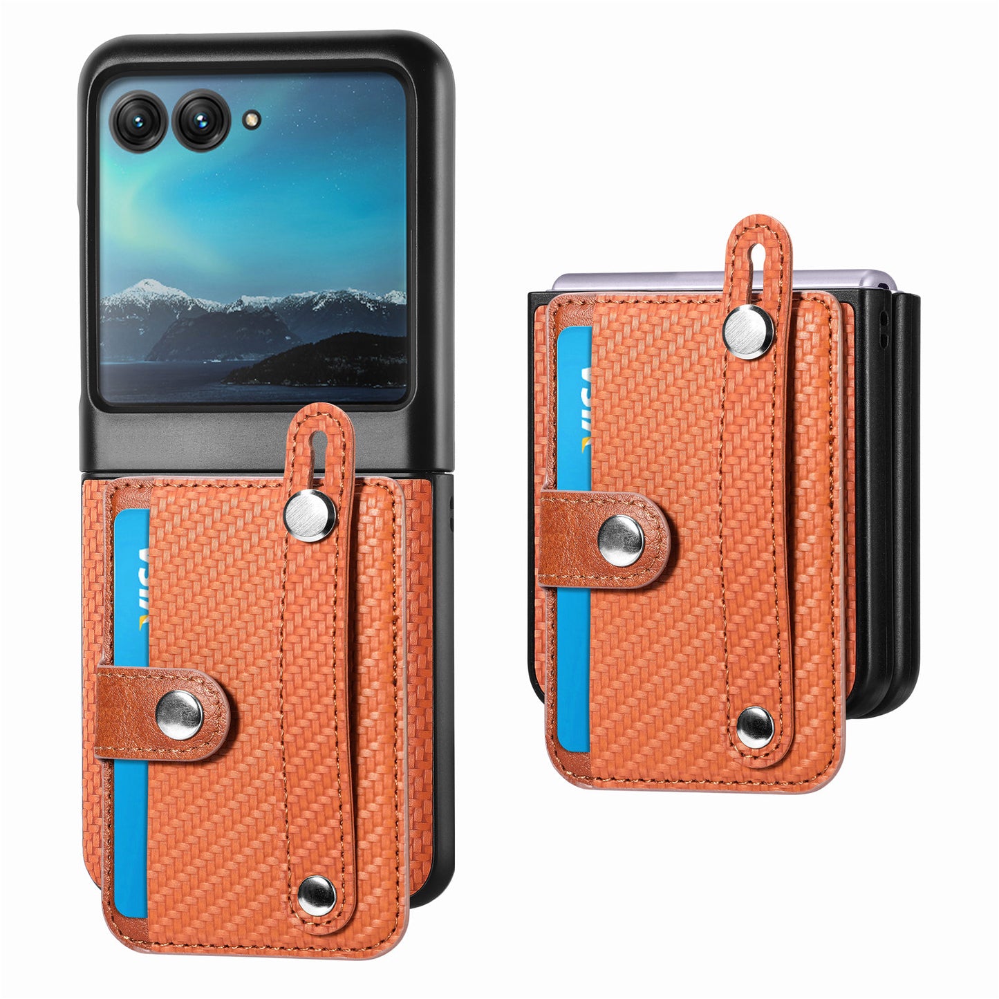 PU Leather+PC Phone Case for Motorola Razr 40 Ultra 5G , Carbon Fiber Texture Wristband Kickstand Anti-drop Cover - Brown