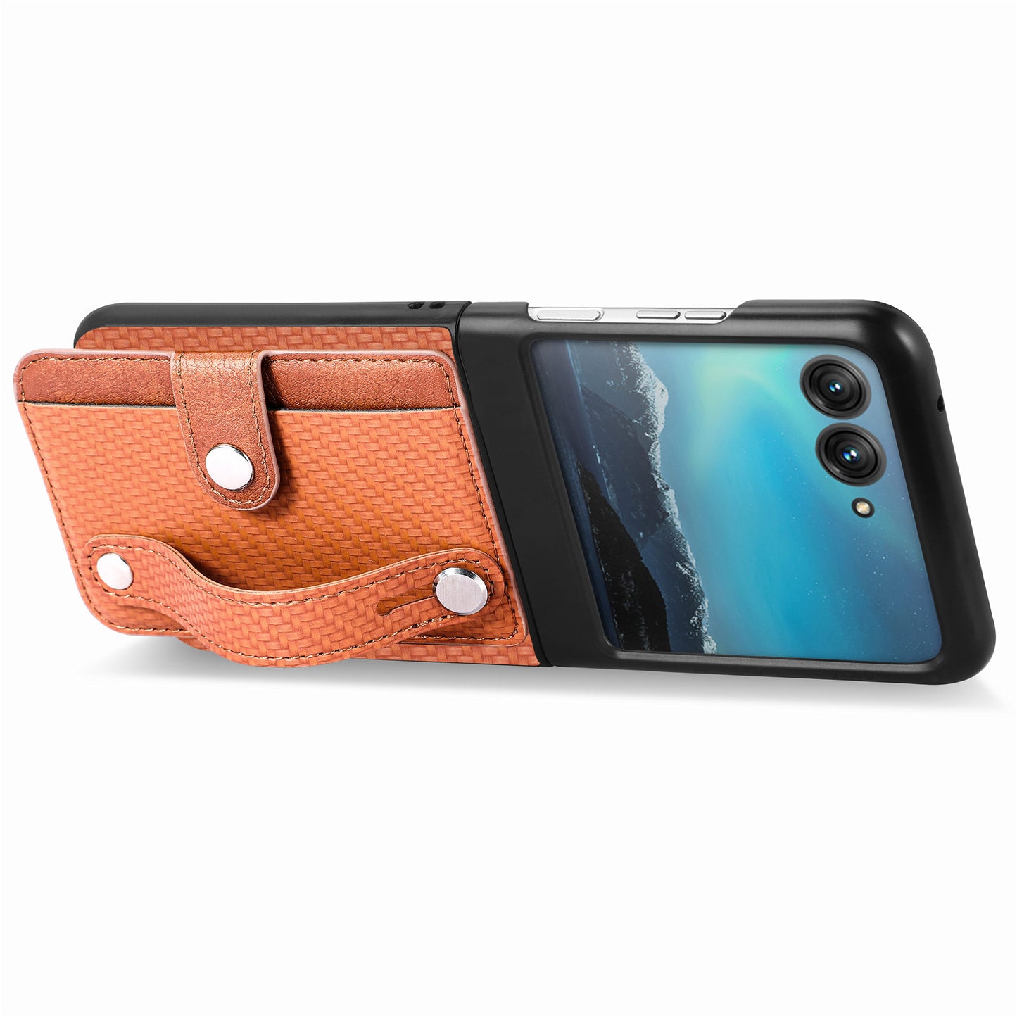PU Leather+PC Phone Case for Motorola Razr 40 Ultra 5G , Carbon Fiber Texture Wristband Kickstand Anti-drop Cover - Brown