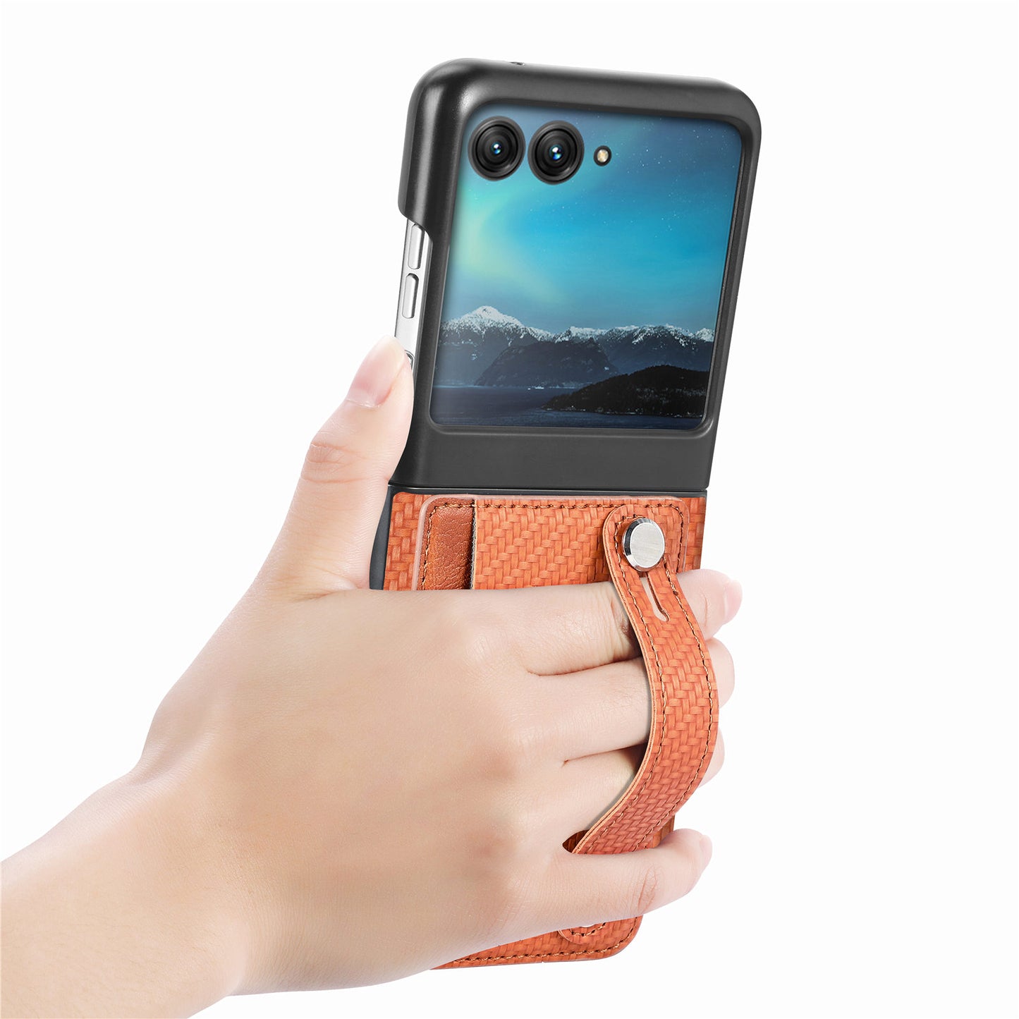 PU Leather+PC Phone Case for Motorola Razr 40 Ultra 5G , Carbon Fiber Texture Wristband Kickstand Anti-drop Cover - Brown