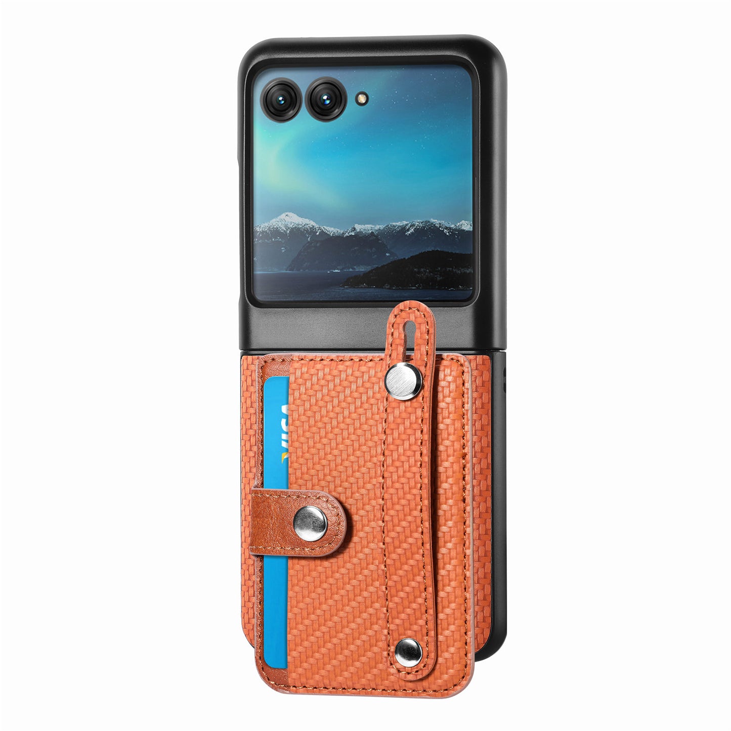 PU Leather+PC Phone Case for Motorola Razr 40 Ultra 5G , Carbon Fiber Texture Wristband Kickstand Anti-drop Cover - Brown