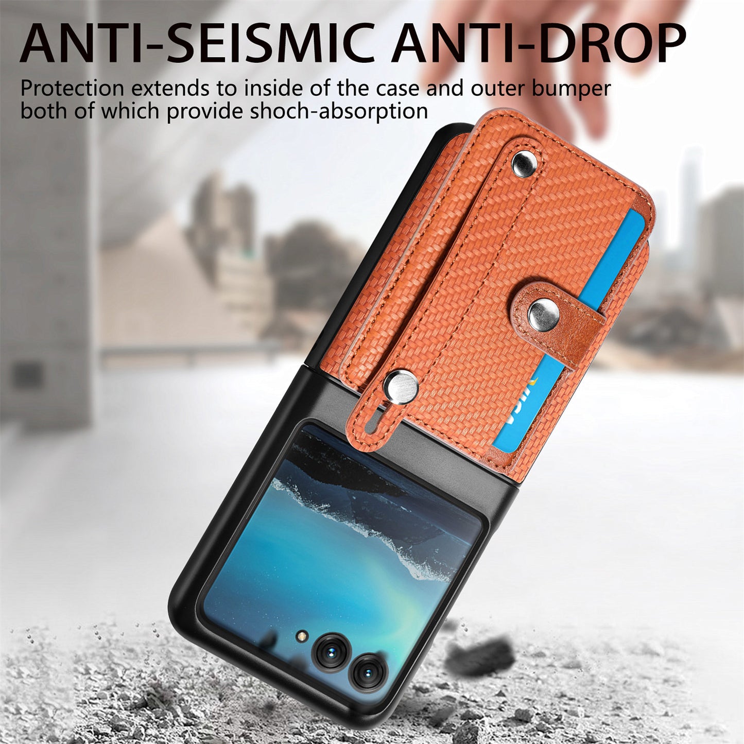 PU Leather+PC Phone Case for Motorola Razr 40 Ultra 5G , Carbon Fiber Texture Wristband Kickstand Anti-drop Cover - Brown