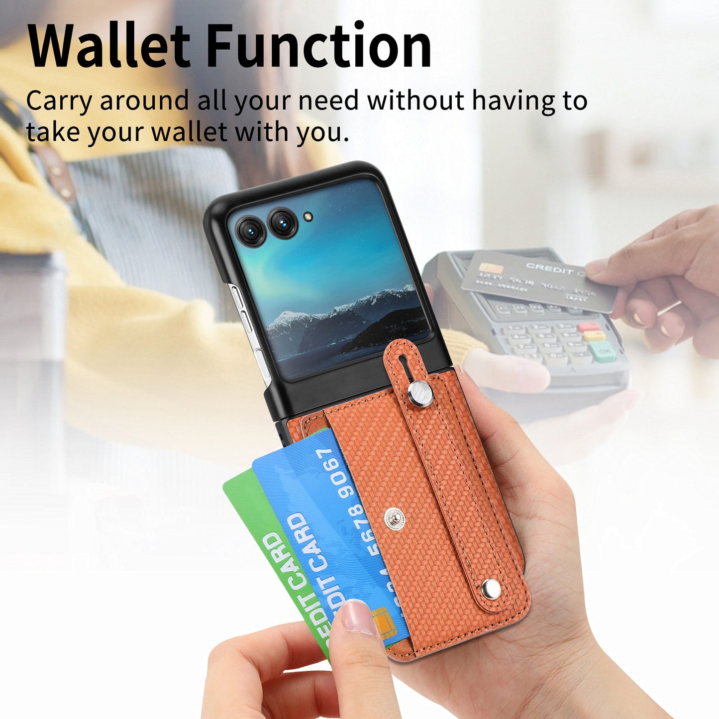 PU Leather+PC Phone Case for Motorola Razr 40 Ultra 5G , Carbon Fiber Texture Wristband Kickstand Anti-drop Cover - Brown