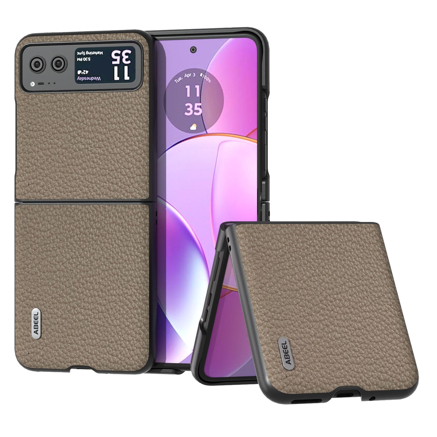 Uniqkart For Motorola Razr 40 5G Anti-scratch Phone Case Litchi Texture Cowhide Leather Coated PC Cover - Khaki